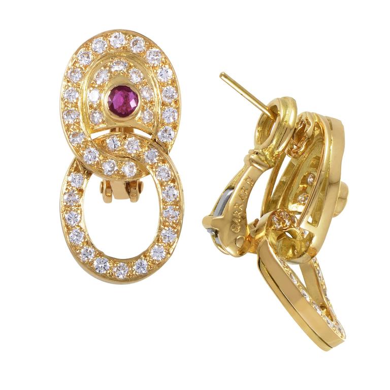 Garrard Diamond Pave Ruby Gold Oval Drop Earrings at 1stDibs