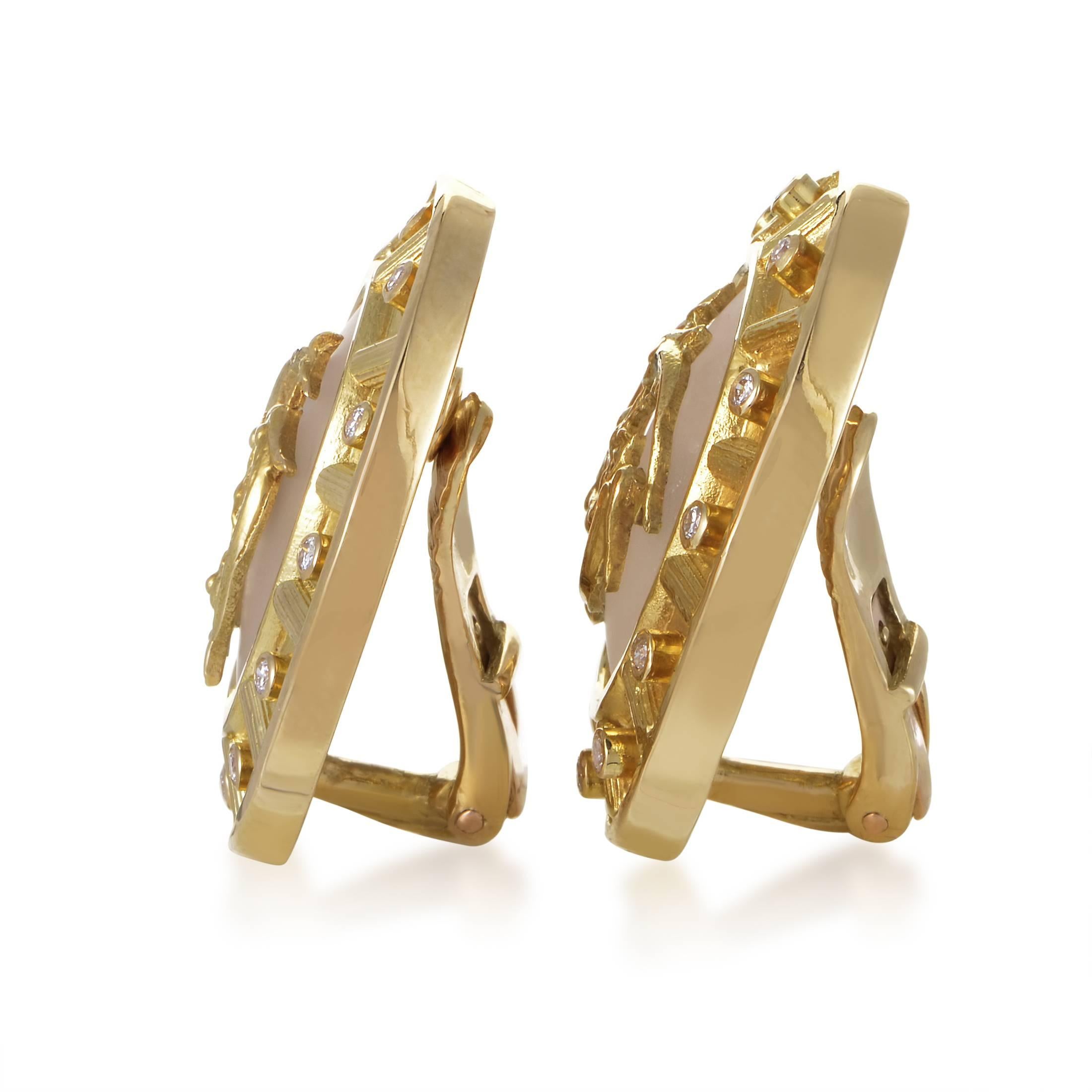 Ilias Lalaounis Frosted Glass Diamond Gold Clip-On Earrings In Excellent Condition In Southampton, PA