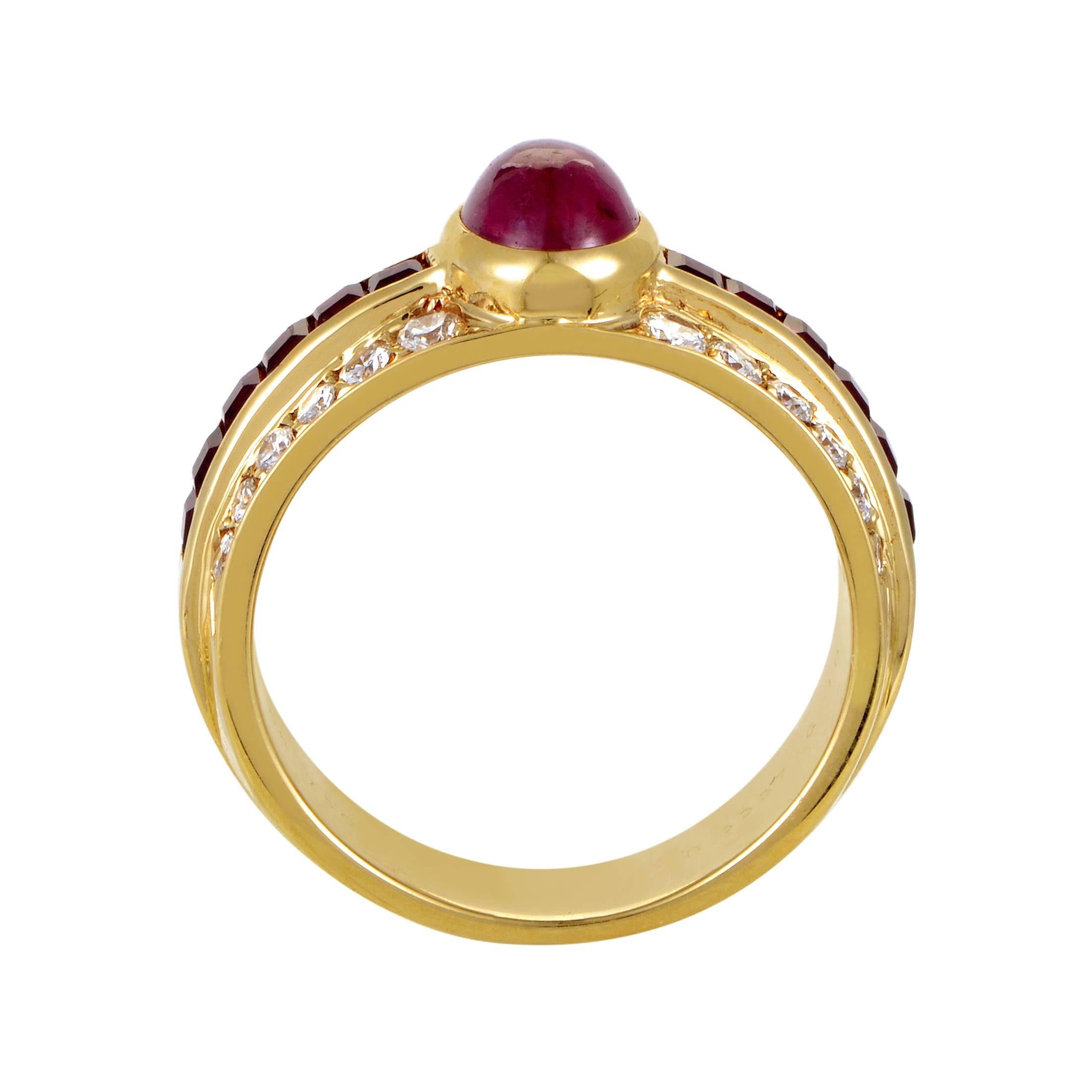 This classic design from Van Cleef & Arpels is absolutely divine. The ring is made of 18K yellow gold, and boasts a gorgeous ruby cabochon main stone, as well as ruby baguettes set within the shanks. Lastly, the shanks are also set with .65ct of