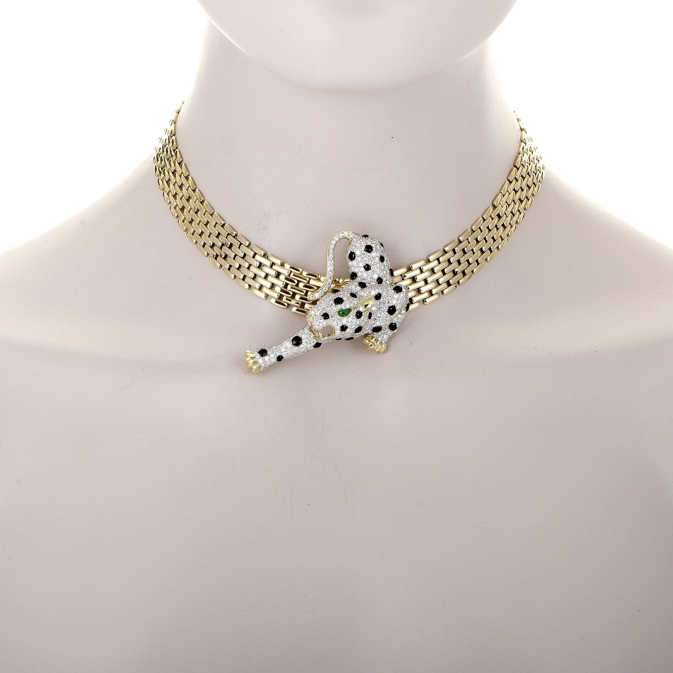 This stunning luxury design is multi-functional. This necklace can either be worn with a pendant, or, as a necklace and brooch set. The necklace is made of luxuriously radiant 18K yellow gold while the brooch/pendant is made of 18K yellow and white