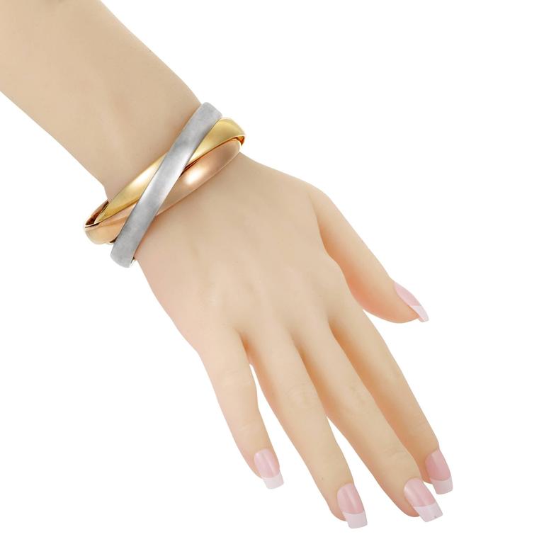 Cartier Trinity Rose Yellow White Gold Large Rolling Bangle Bracelet Cartier Trinity Rose Yellow White Gold Large Rolling Bangle Bracelet In Excellent Condition For