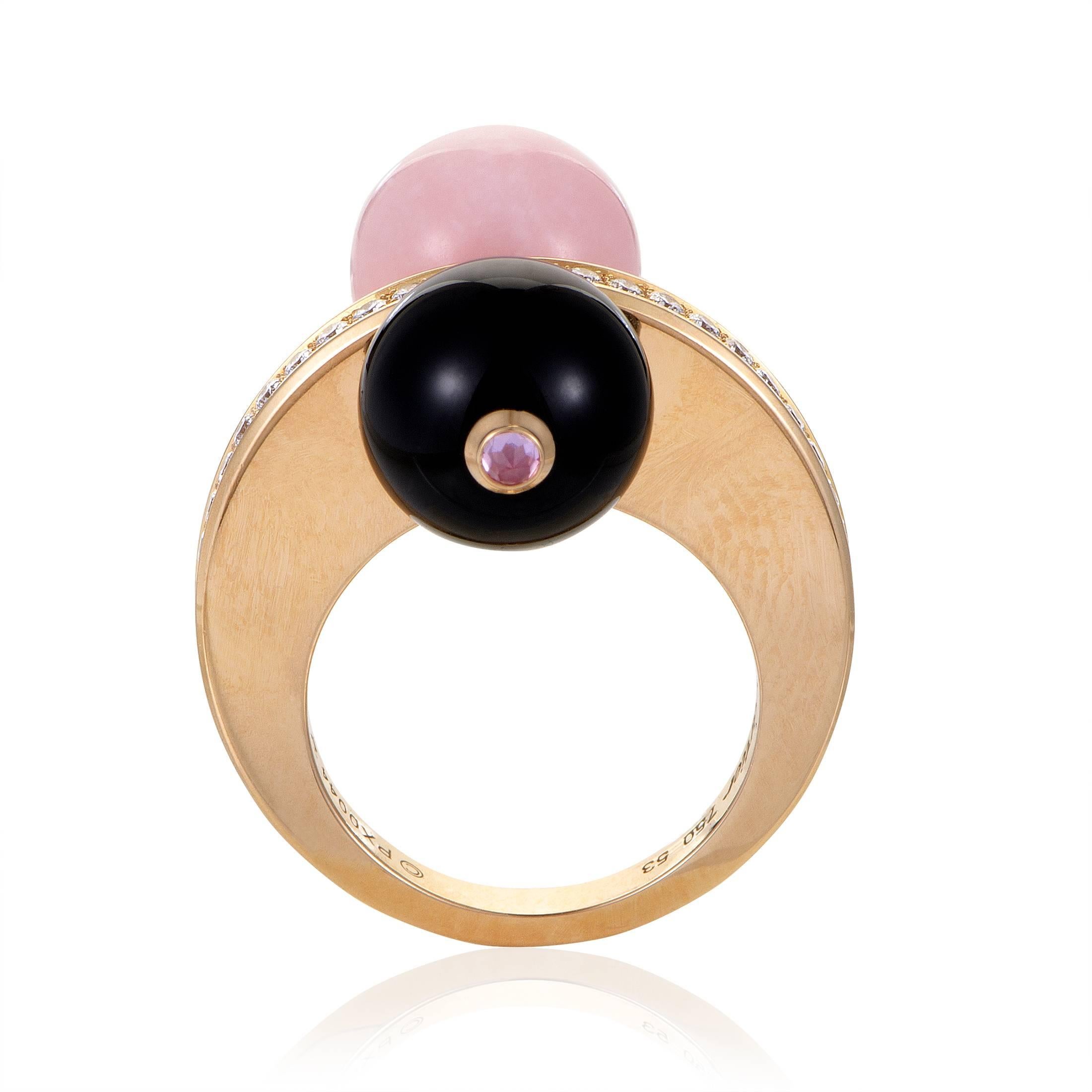 With strikingly contrasting tones of stunning onyx and delightful pink quartz producing an eye-catching effect, this fabulous 18K rose gold ring from Cartier also boasts scintillating diamonds weighing in total approximately 0.50ct.
Ring Size: