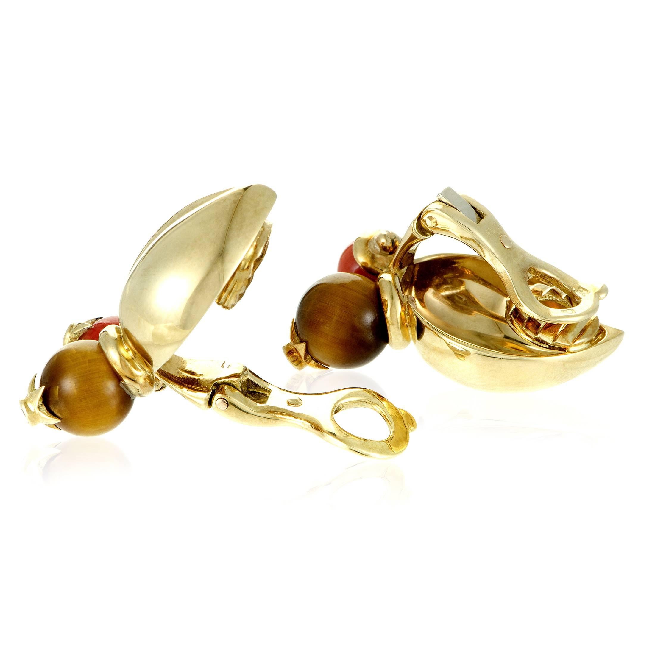 Dior Coral Tiger's Eye Diamond Gold Clip-On Earrings In Excellent Condition In Southampton, PA