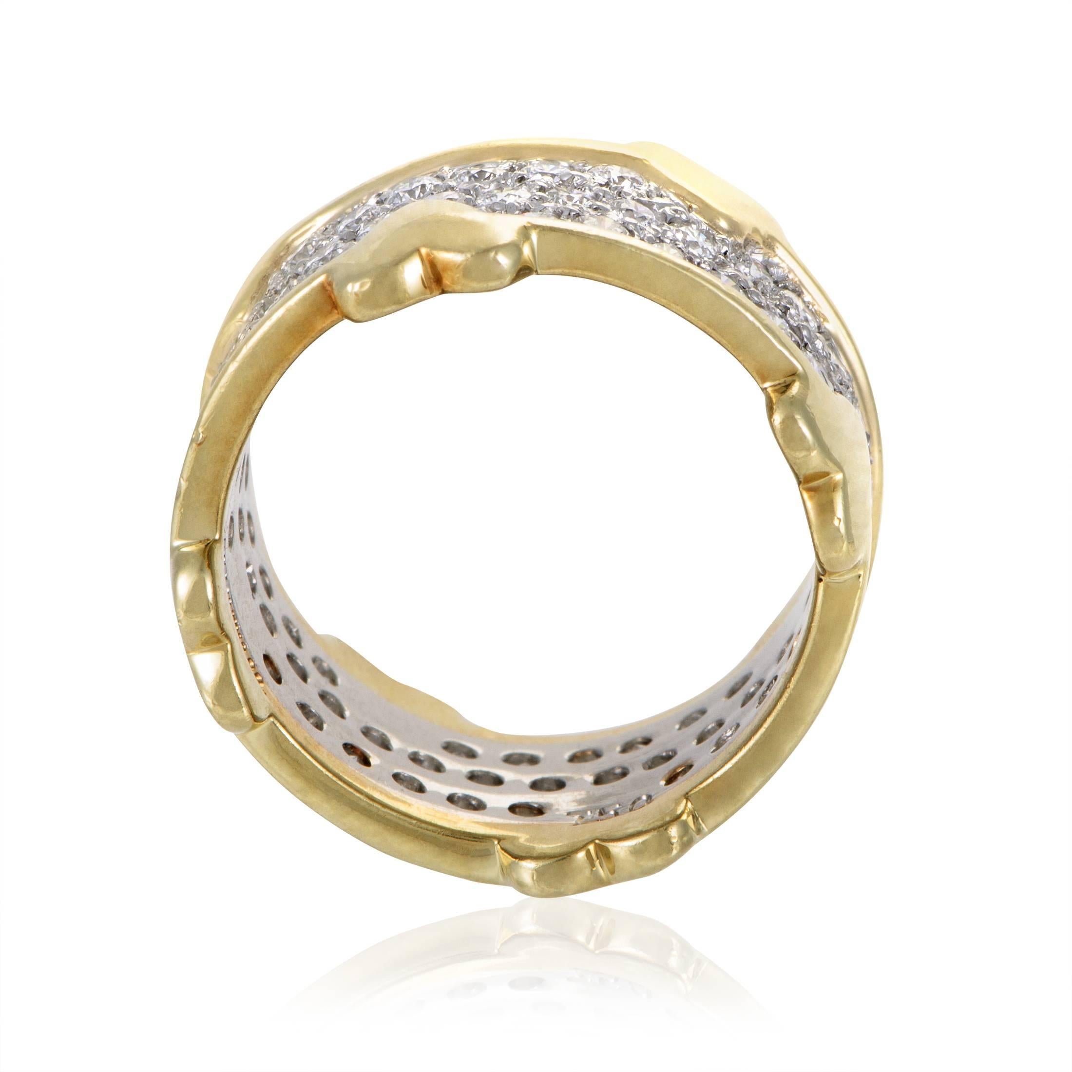 Prestigious platinum is paved with fascinating E-color diamonds of VVS clarity weighing in total 2.40 carats while precious 18K yellow gold aptly frames the entire item in this wonderful band designed by Jean Schlumberger for Tiffany &