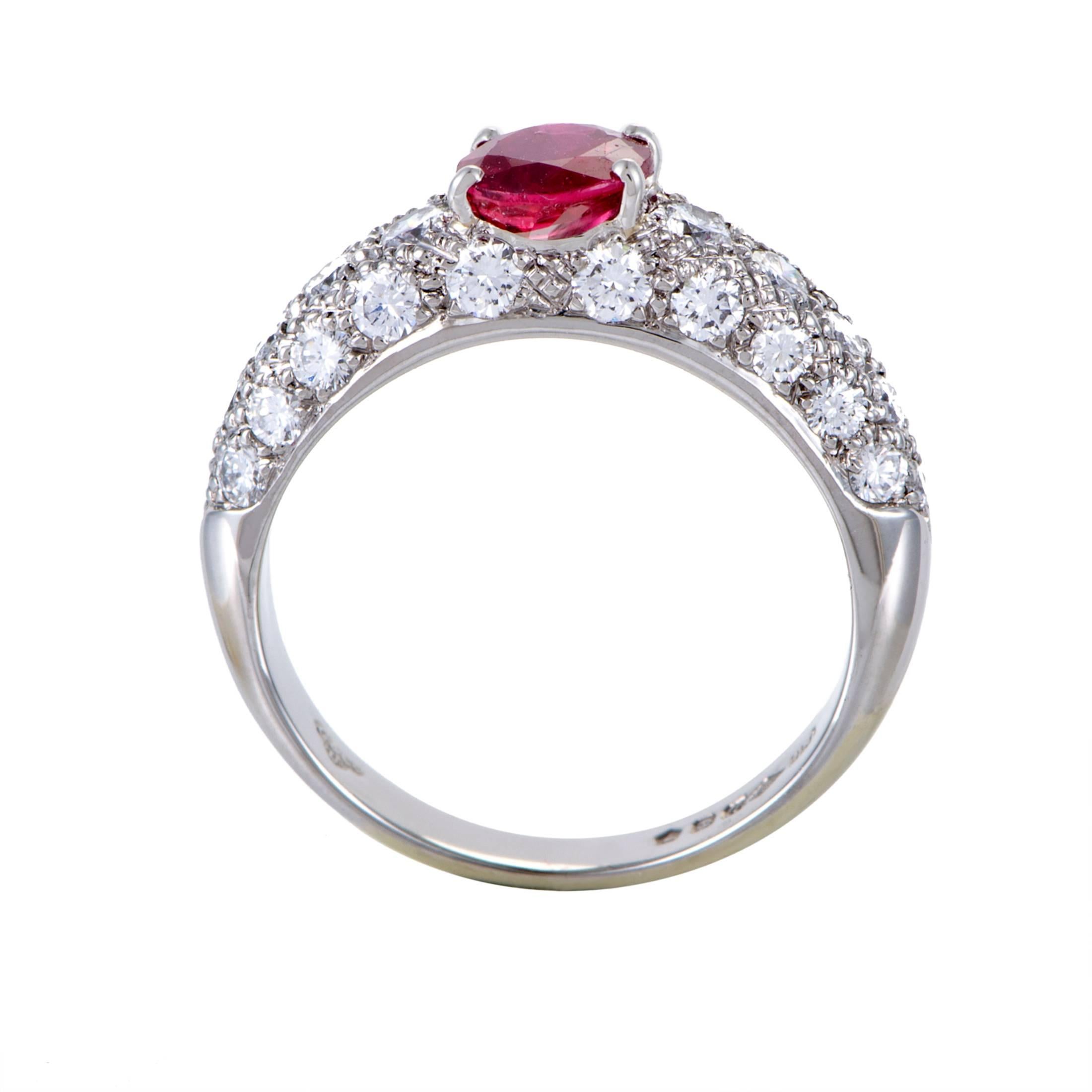 Leading up to the gorgeous ruby weighing approximately 0.80ct, a fascinating arrangement of resplendent diamonds amounting approximately 0.90ct graces this magnificent platinum ring from Garrard, presenting a spellbinding sight.
Ring Size: 5.0