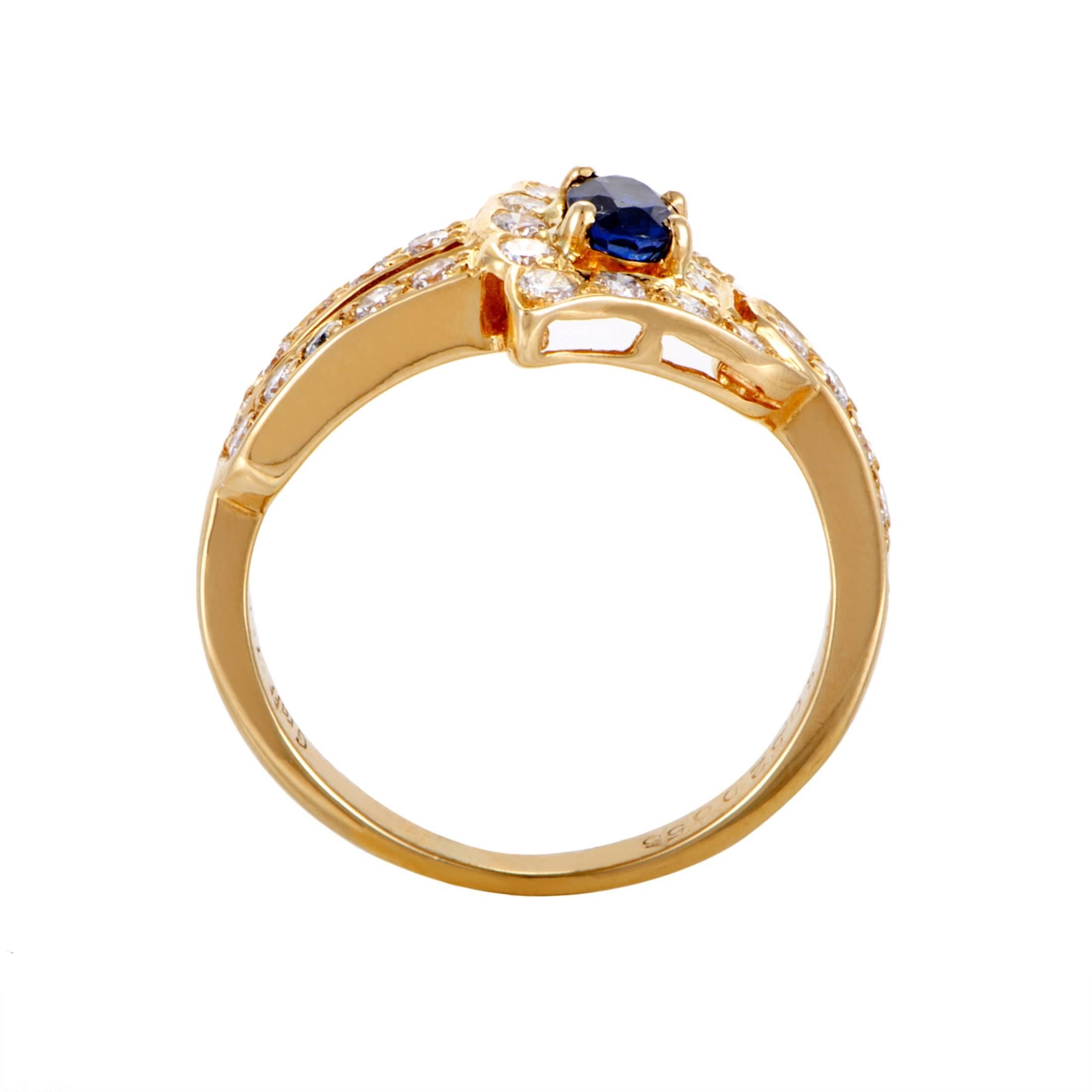 Boasting an intriguing shape embellished lavishly with glistening diamonds amounting to 0.56ct, this fabulous 18K yellow gold ring from Graff is adorned with a splendid sapphire weighing 0.52ct to produce a tasteful and colorful appeal.

Ring Size: