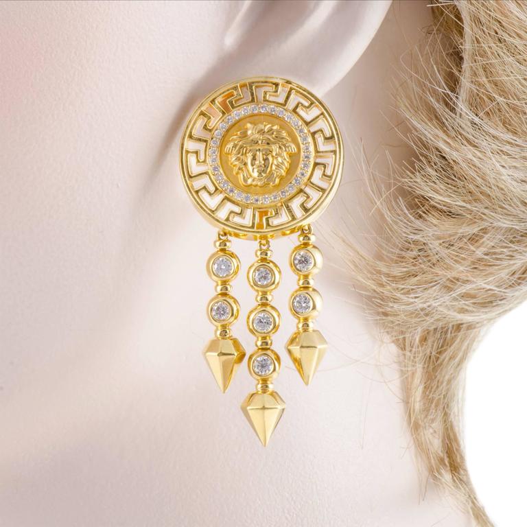 Versace Diamond Yellow Gold ClipOn Dangle Earrings at 1stDibs