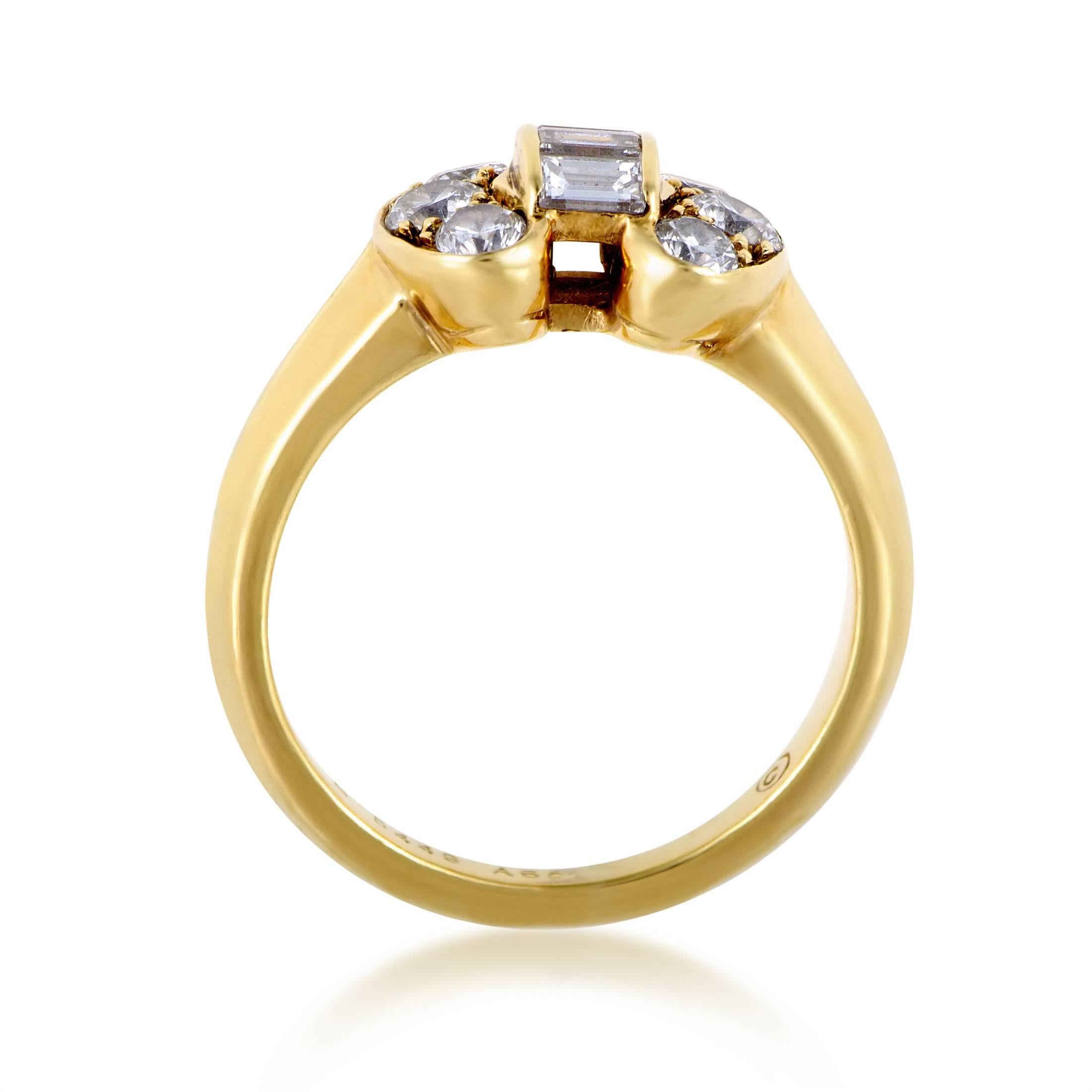 Diversely cut and arranged in a magnificent manner upon the fabulously radiant 18K yellow gold body, the sparkling diamonds weighing in total 0.50ct lend their everlasting glow to this enchanting ring from Van Cleef & Arpels.
Ring Size: 5.5 (50