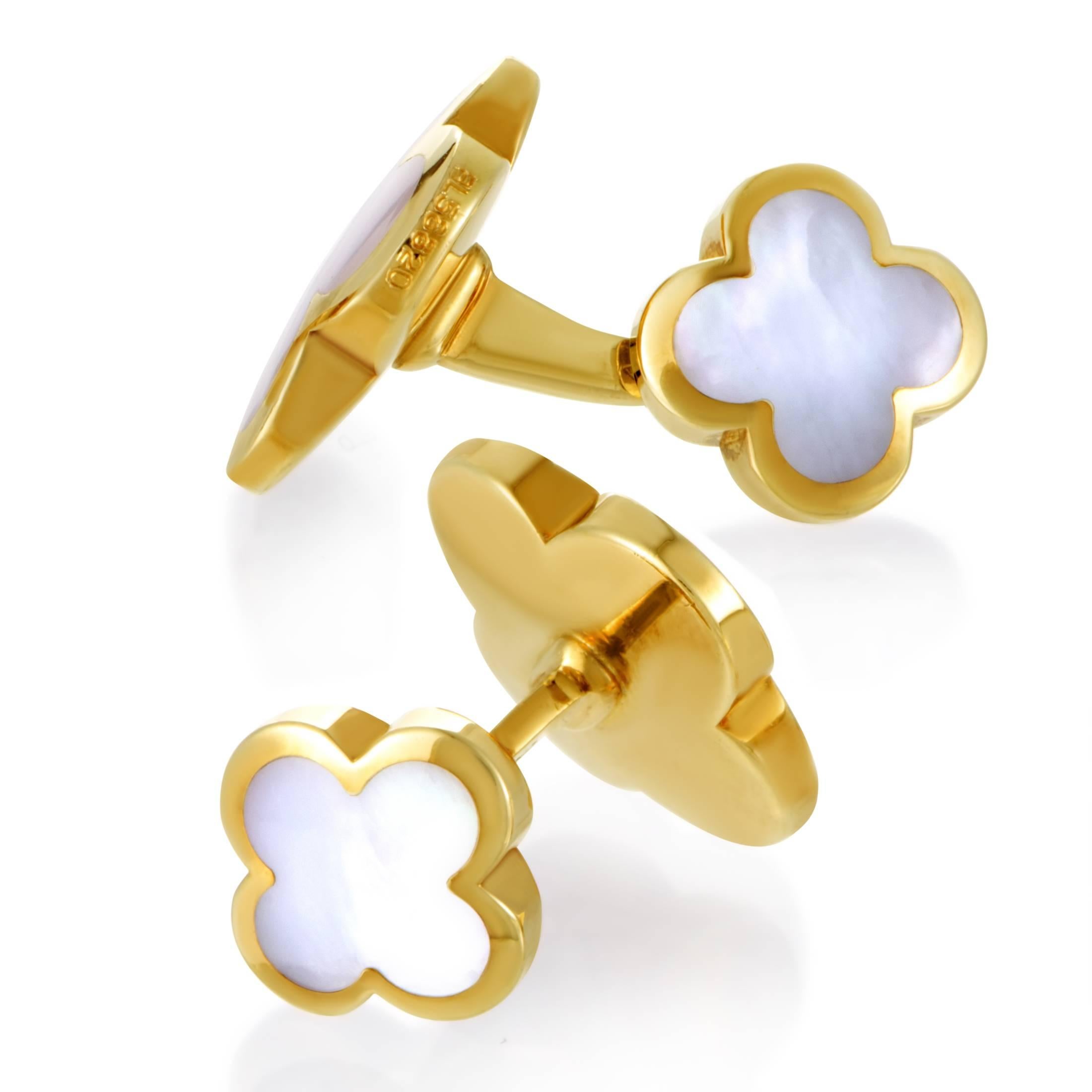 Boasting the appealing and instantly recognizable motif of the famed Alhambra collection, these elegant cufflinks from Van Cleef & Arpels are made of spotless 18K yellow gold and set with splendid mother of pearl to emphasize their neat