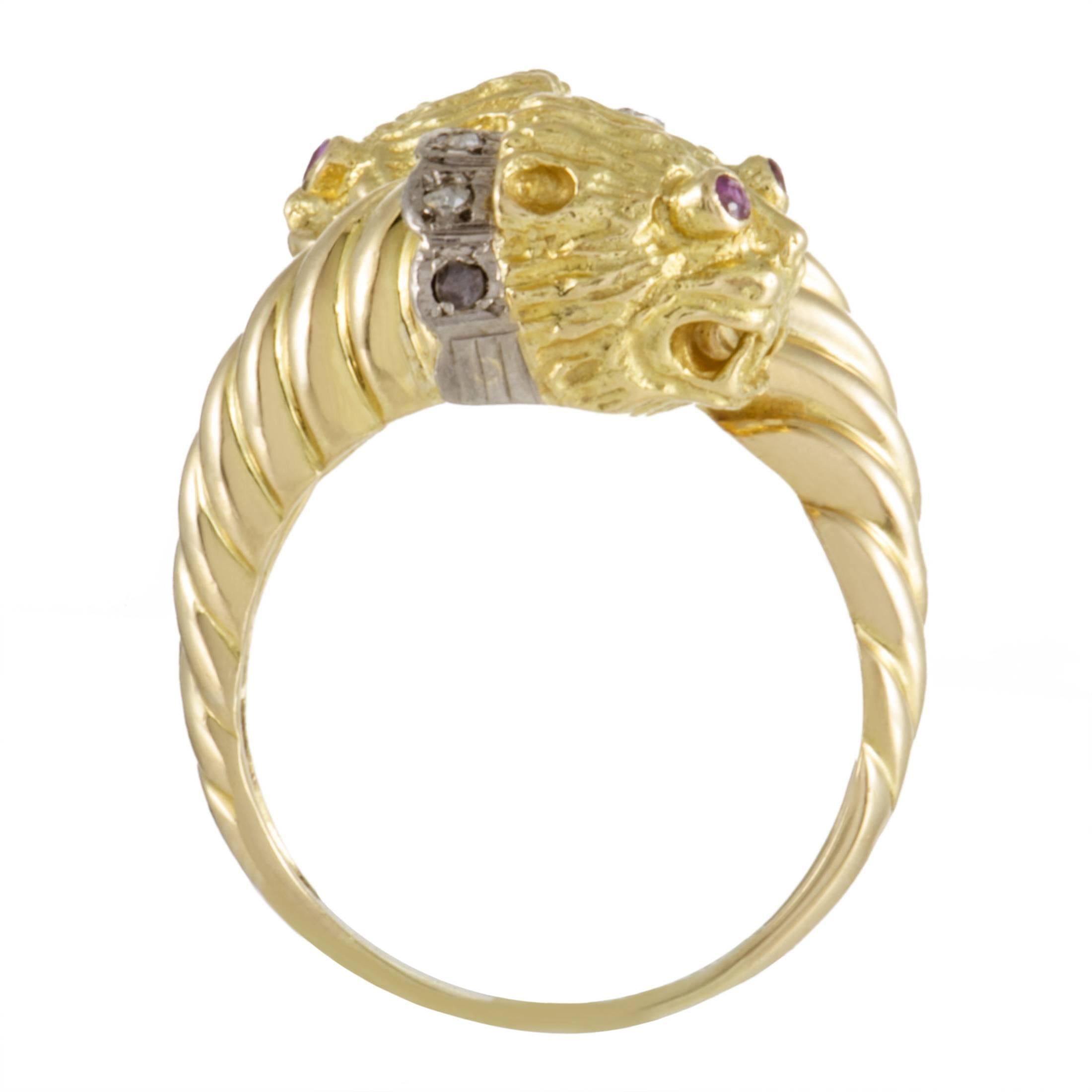 Intricately ornamented and crafted with exquisite expertise, the prestigious 18K yellow gold produces exceptional play of light in this stunning ring from Ilias Lalaounis which is also adorned with gorgeous rubies while glistening diamonds totaling