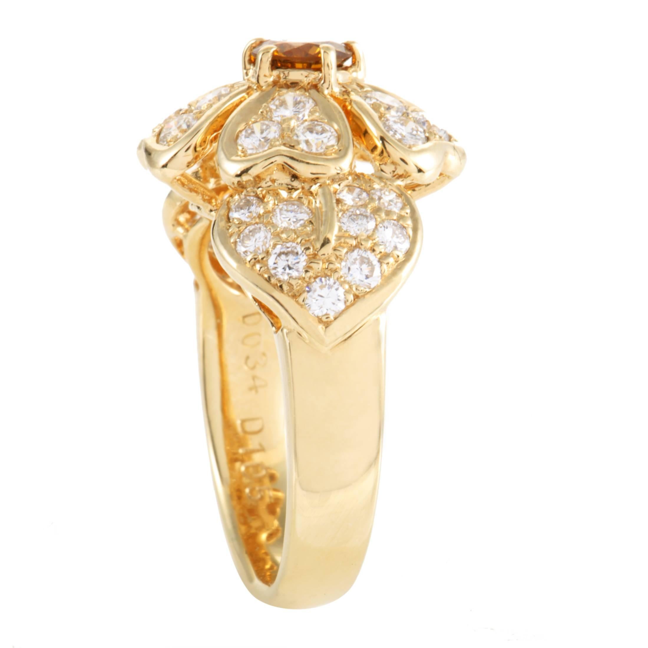 White and Orange Diamond Pave Yellow Gold Flower Ring In Excellent Condition In Southampton, PA