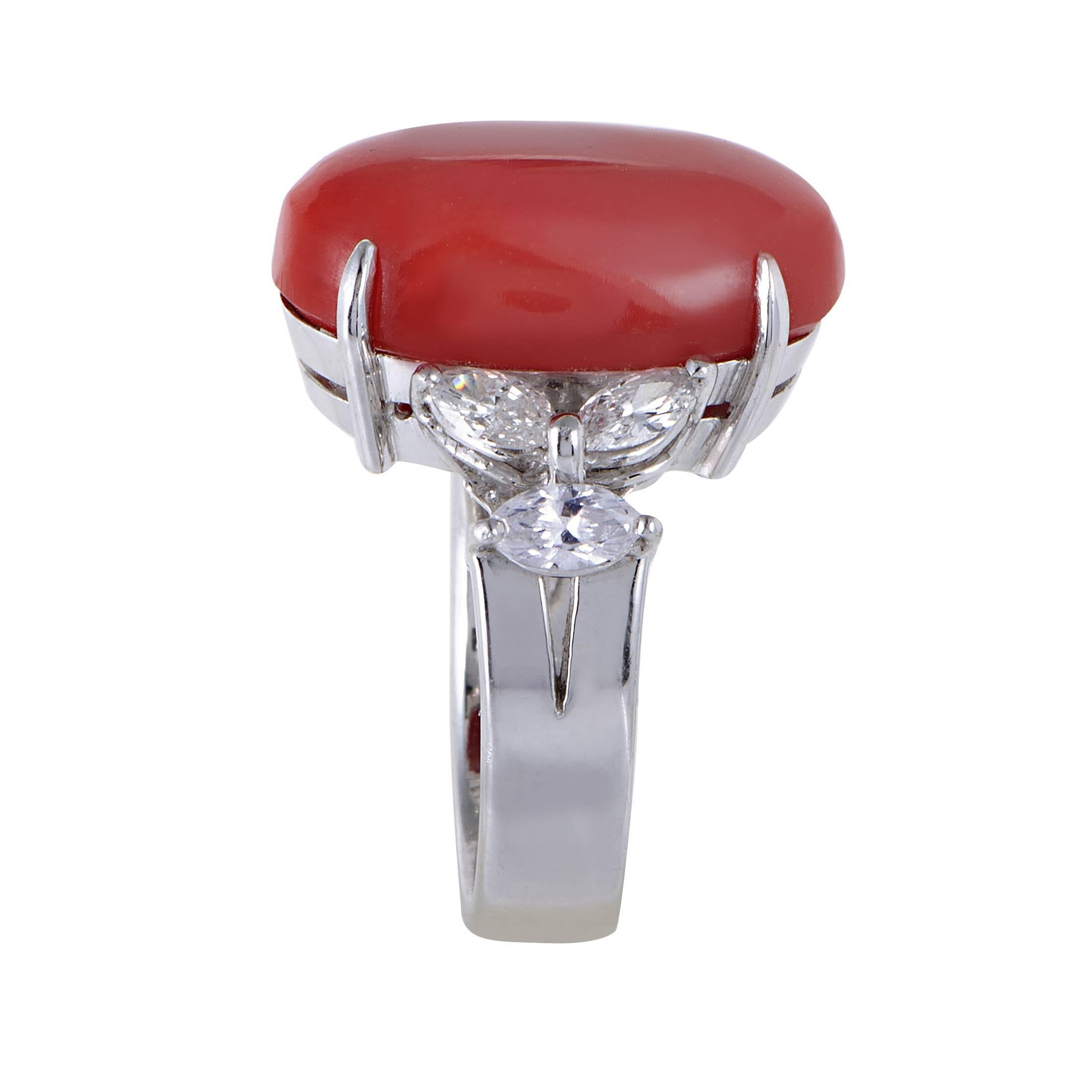 Diamond and Coral Cabochon Platinum Ring In Excellent Condition In Southampton, PA