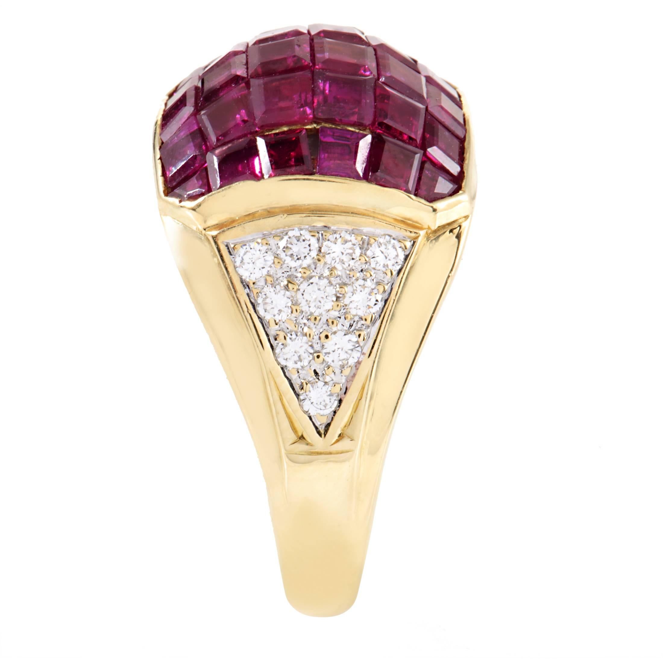 The marvelous arrangement of enchanting fancy-cut rubies amounting to 3.05 carats and scintillating setting of diamonds weighing in total 0.50ct embellish the classically designed body of this delightful 18K yellow gold ring.
Ring Size: 7.75 (55