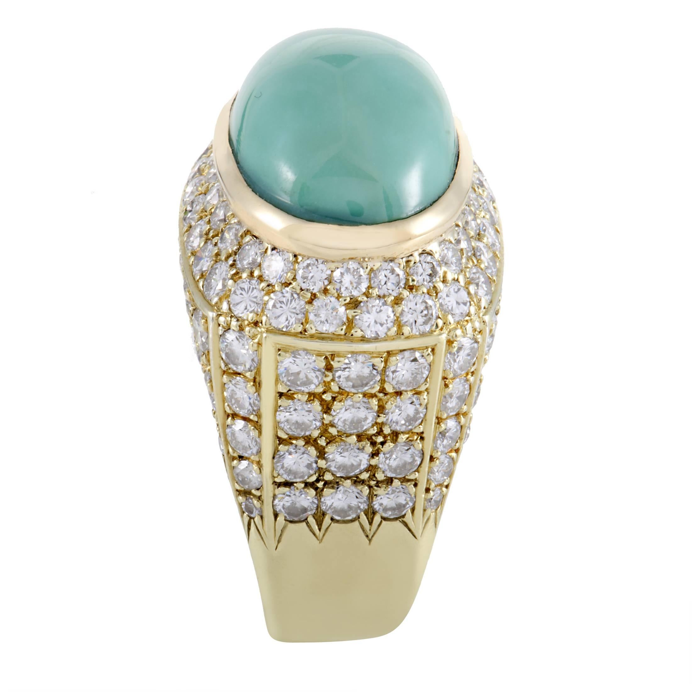  Turquoise Cabochon Diamond Pave  Yellow Gold Cocktail Ring In Excellent Condition In Southampton, PA