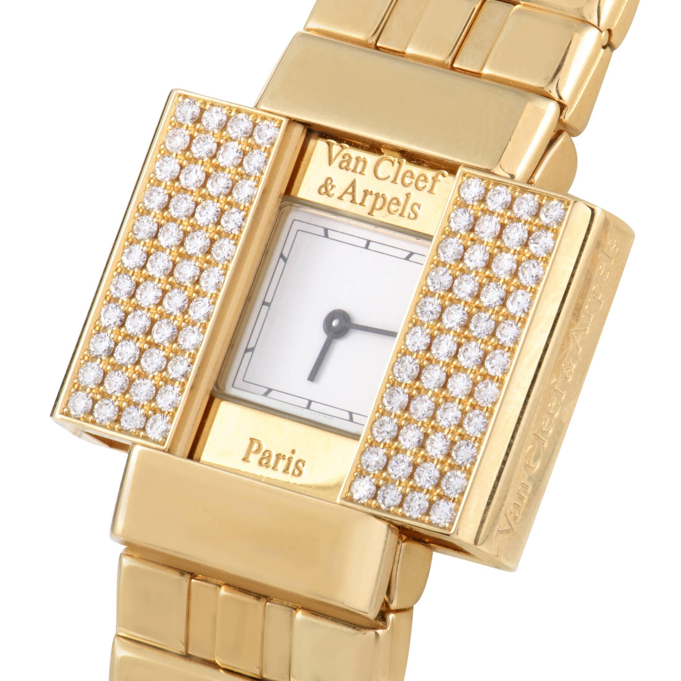 Producing an aura of classic luxury and fabulous style, this spellbinding and exuberant item from Van Cleef & Arpels is a compelling blend of wristwatch practicality and bracelet radiance, concealing the dial underneath a marvelous diamond