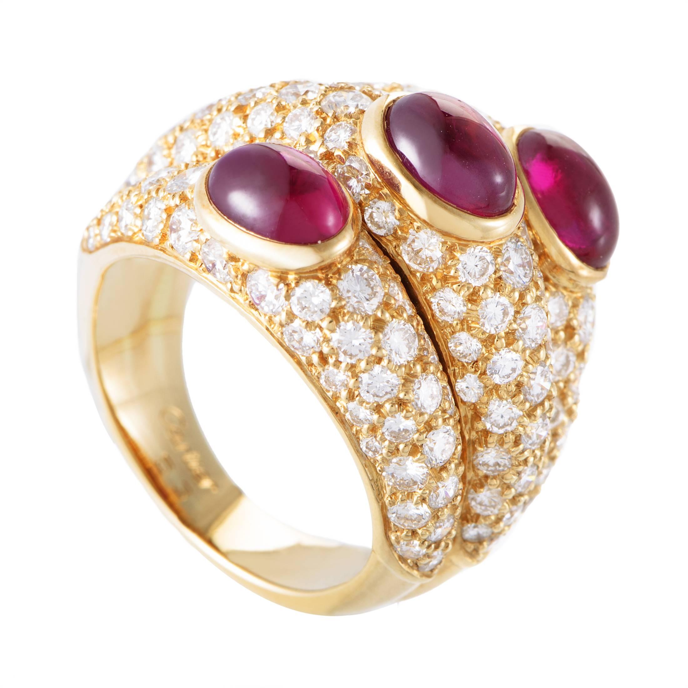 Cartier Cabochon Ruby Diamond Triple Band Yellow Gold Ring
