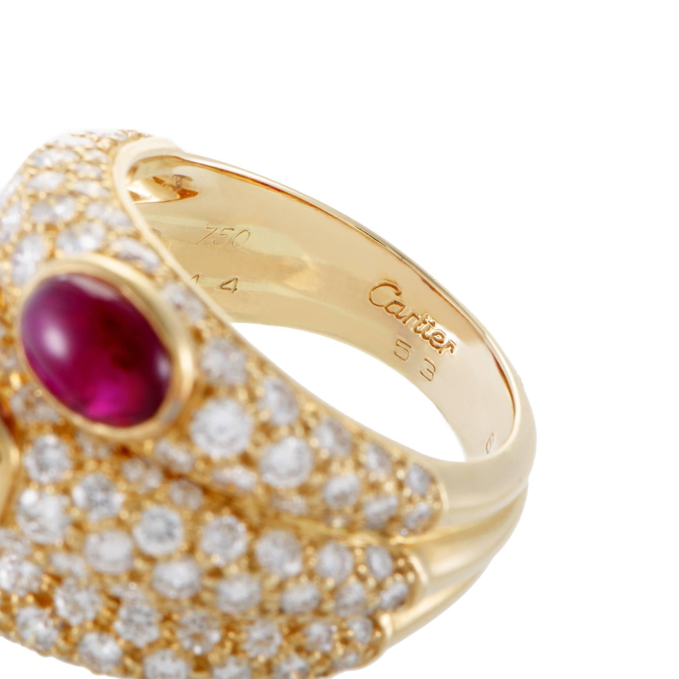 Cartier Cabochon Ruby Diamond Triple Band Yellow Gold Ring In Excellent Condition In Southampton, PA