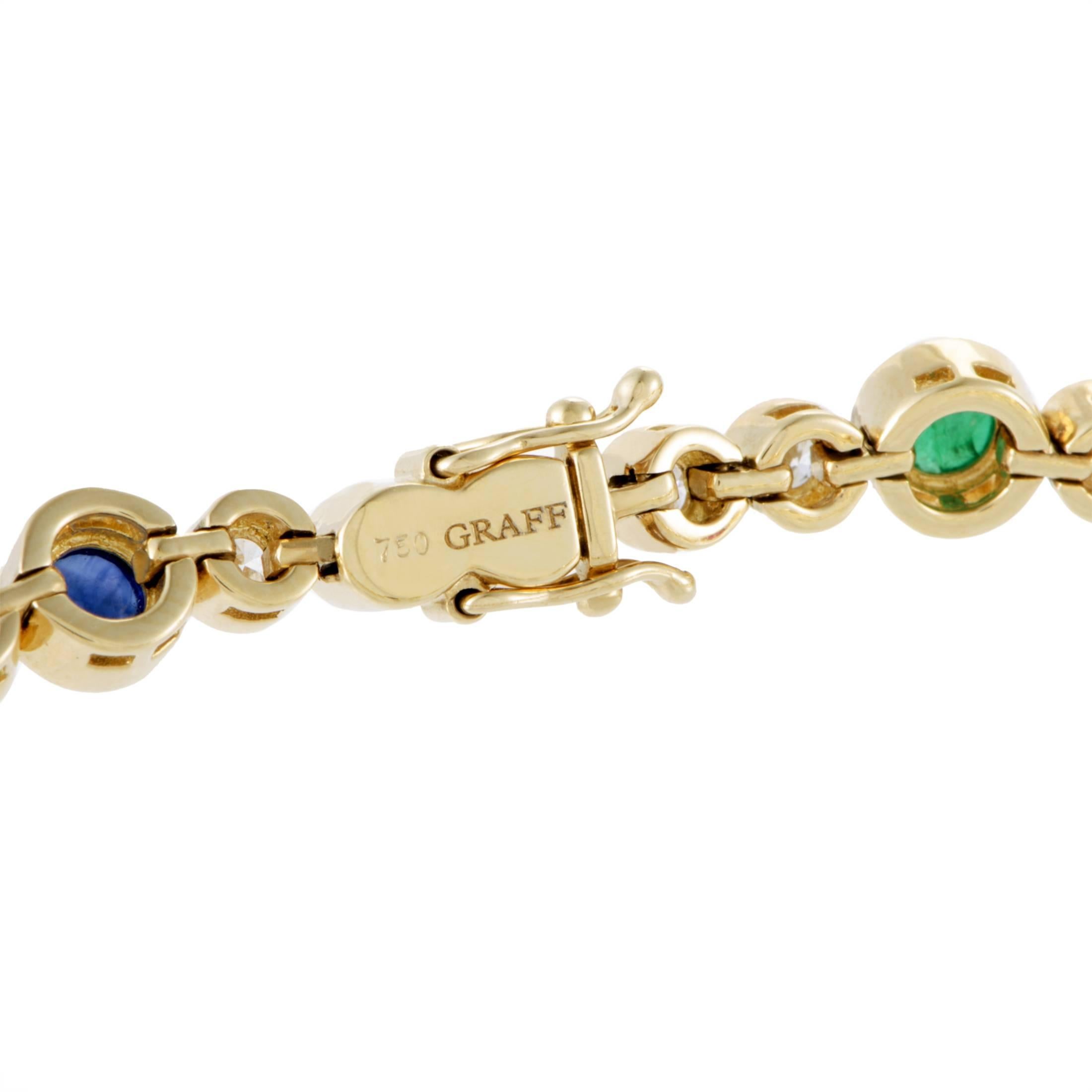 Graff Diamond Emerald Ruby and Sapphire Yellow Gold Bracelet In Excellent Condition In Southampton, PA