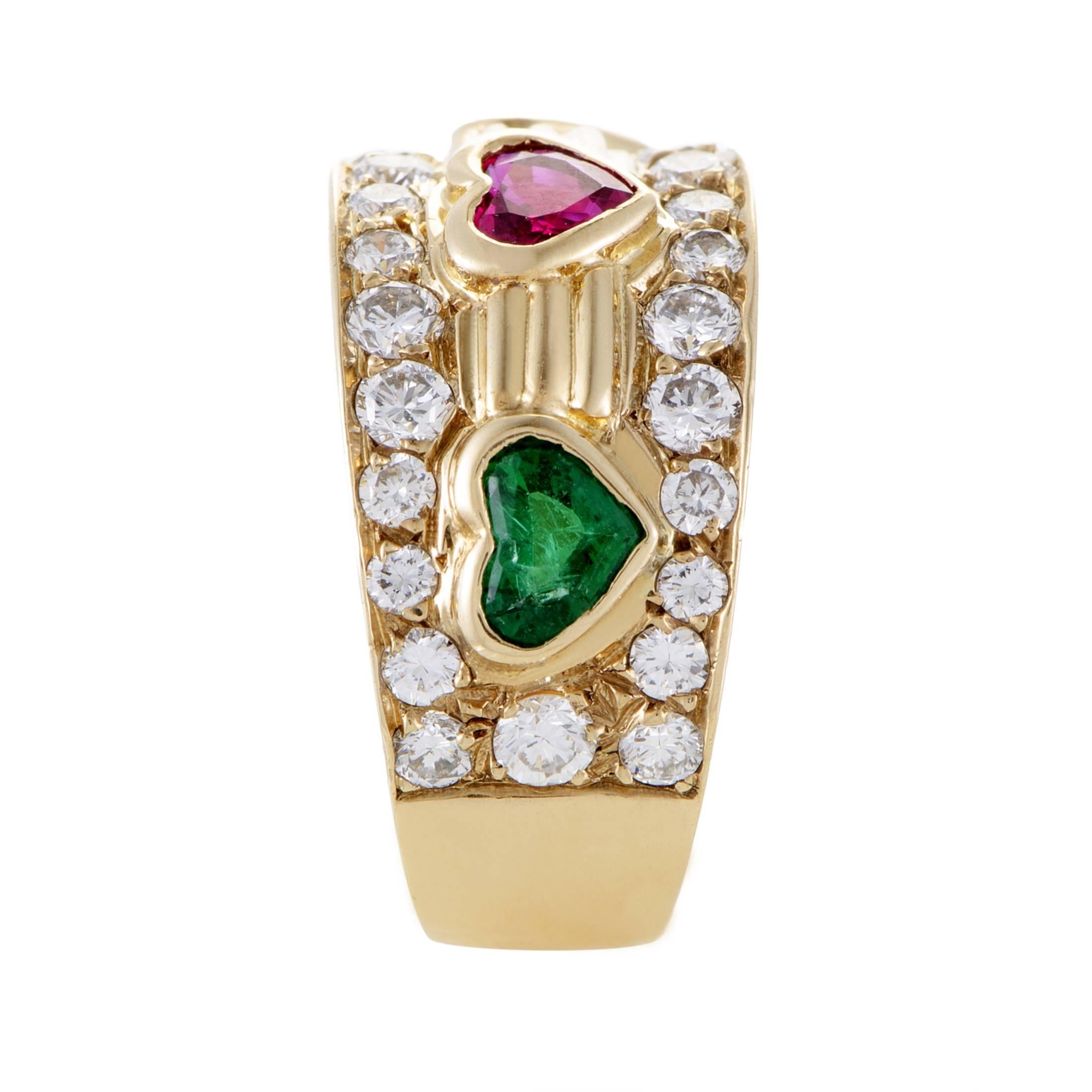 Van Cleef & Arpels Diamond Emerald Ruby and Sapphire Yellow Gold Band Ring In Excellent Condition In Southampton, PA