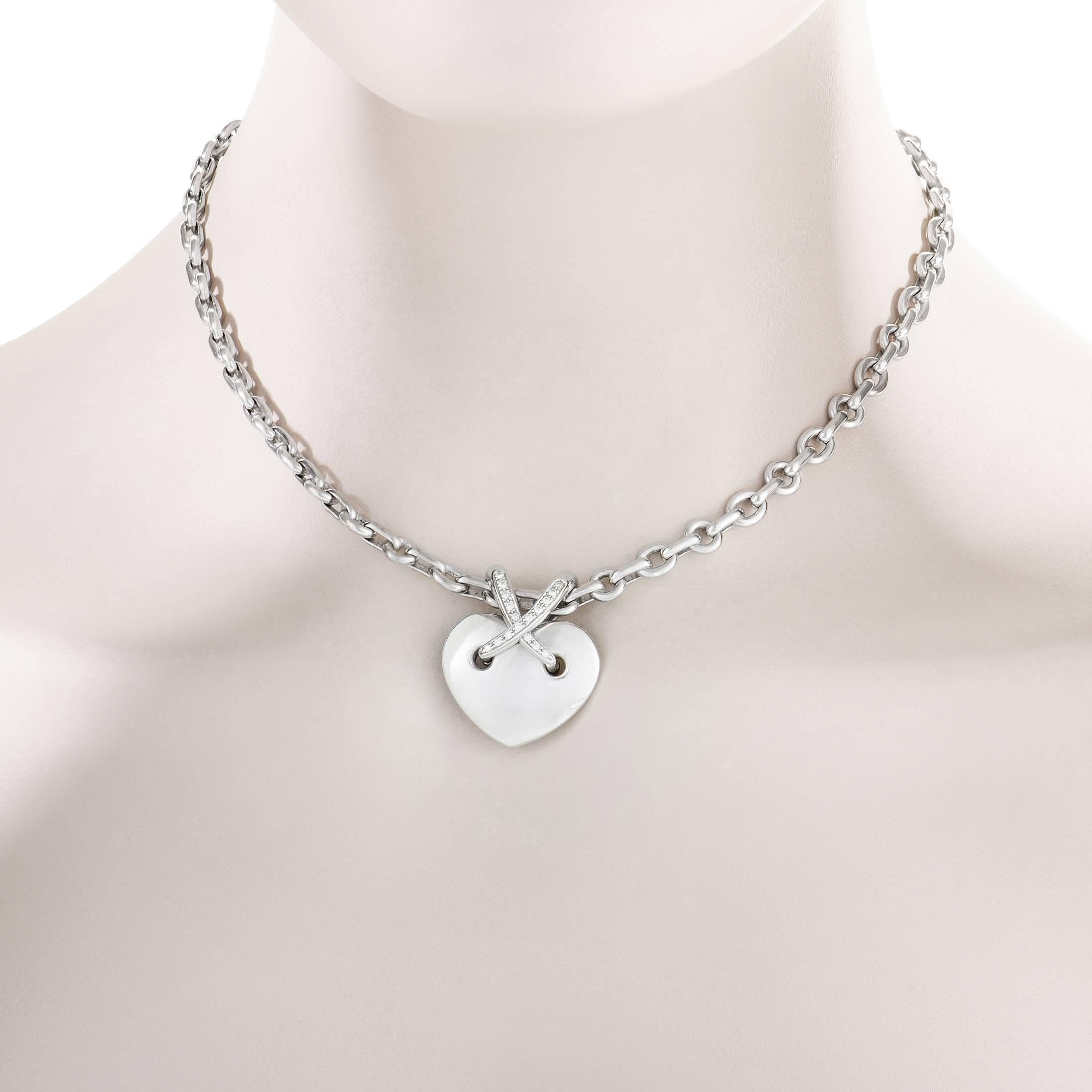A wonderfully harmonious design that exudes an aura of tasteful subtlety, this charming 18K white gold necklace from Chaumet boasts a neat heart-shaped pendant while set with sparkling diamonds totaling 0.20ct.
Pendant Dimensions: 1.00 x