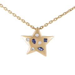 Vintage Chanel Comete Diamond and Sapphire Star Yellow Gold Pendant Necklace