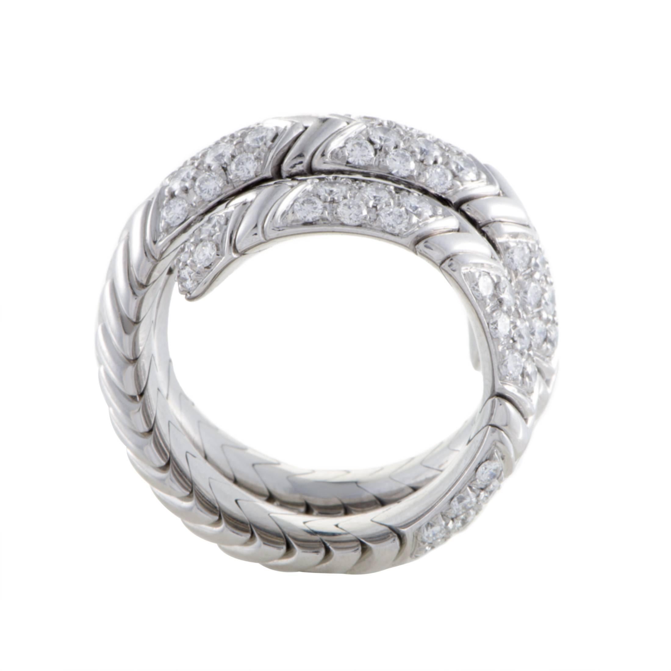 Boasting the brand's instantly recognizable pattern crafted in expertly polished 18K white gold, this wonderful ring from Bulgari is embellished with a scintillating arrangement of diamonds weighing in total 2.46 carats for a dazzling sight.
Ring