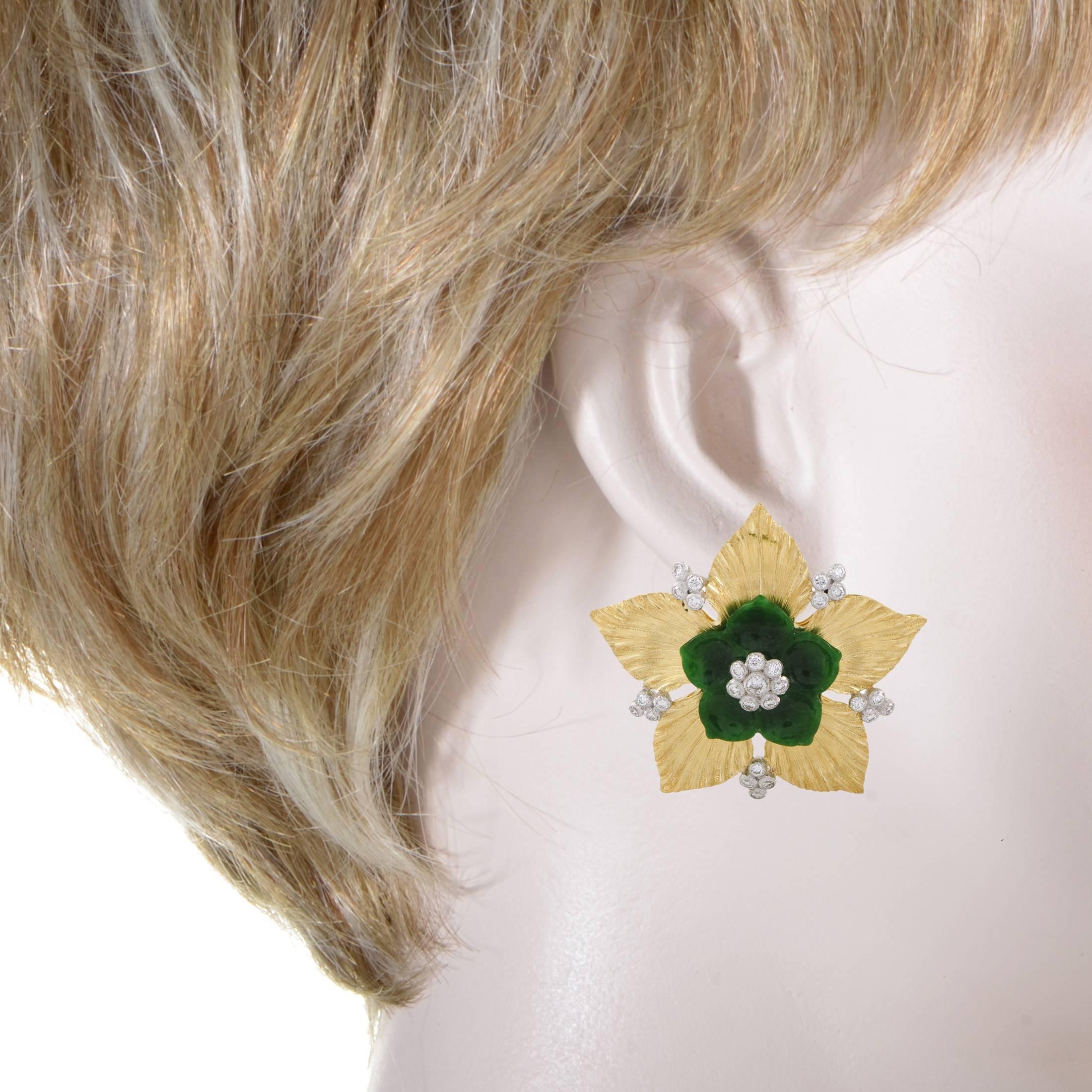Placed upon radiant 18K yellow and white gold and complemented by glistening diamonds weighing in total 1.20 carats, the fascinating nuance and magnificent beauty of green jade produces an exceptional allure in these nifty earrings from