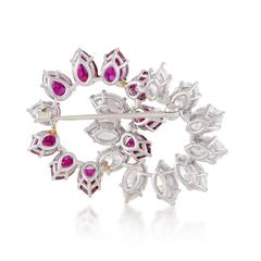 Marquise Diamond and Pear Shaped Ruby Platinum Brooch
