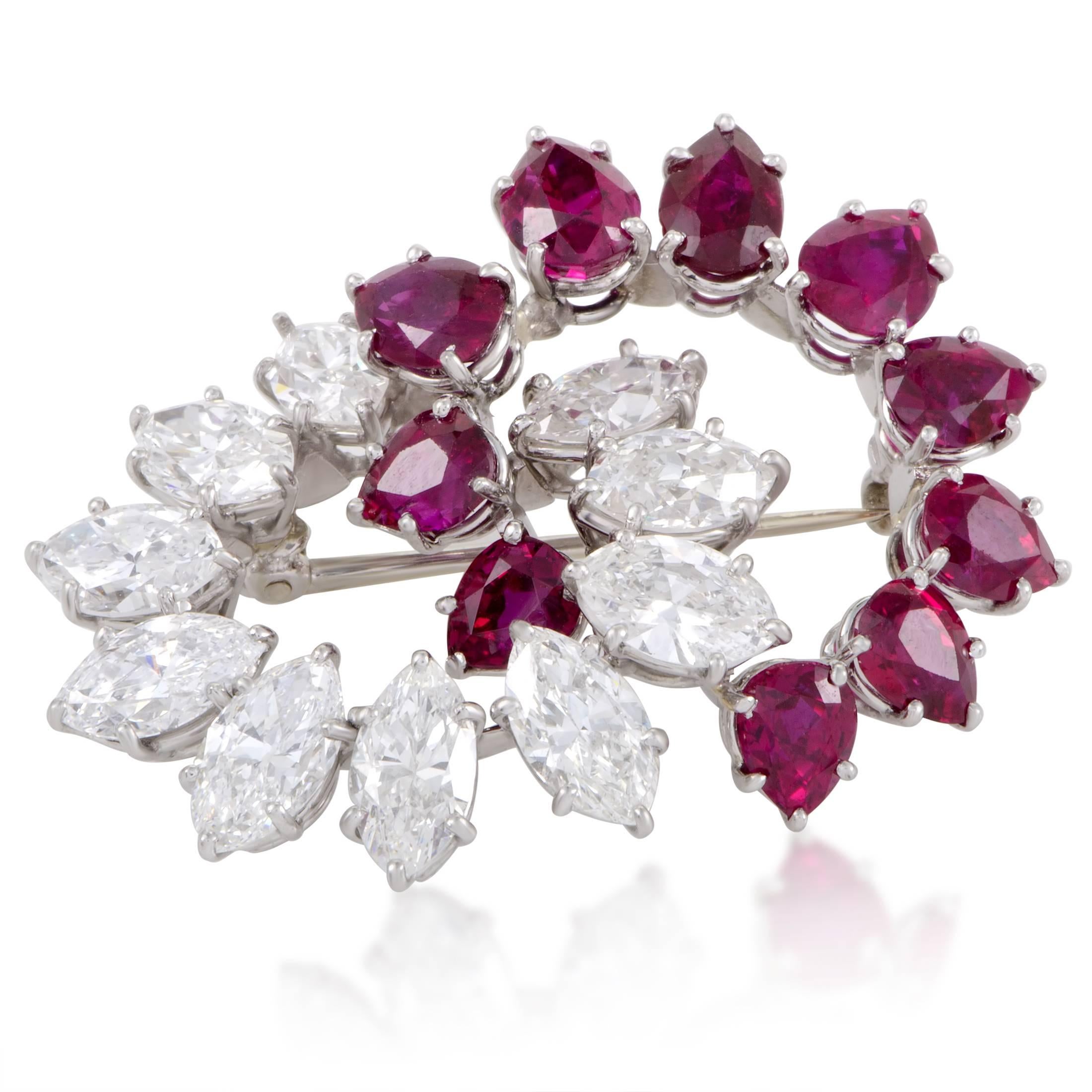 Marquise Diamond and Pear Shaped Ruby Platinum Brooch In Excellent Condition In Southampton, PA