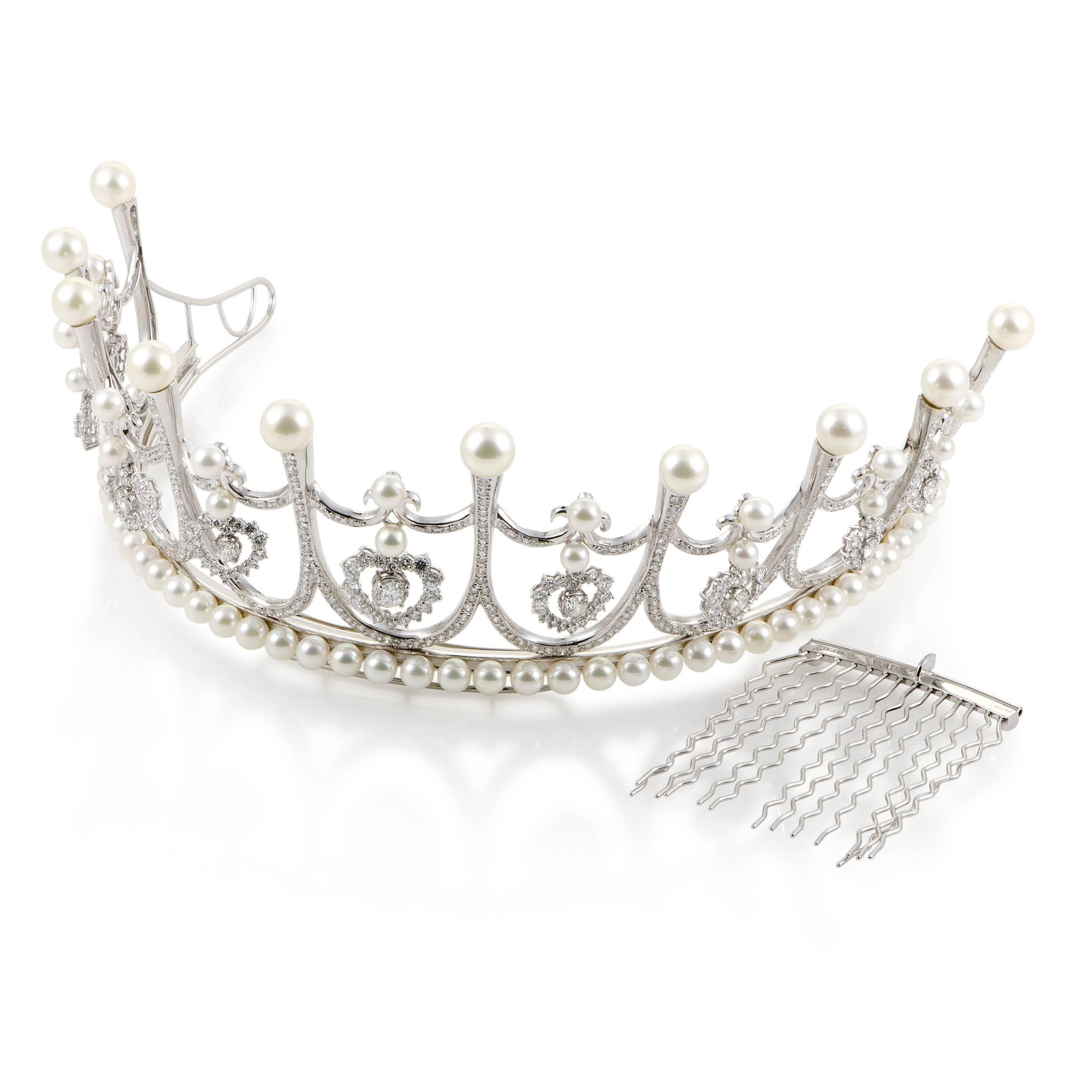 Harmonious and lavish, the exquisite selection of prestigious materials produces a charmingly bright overall tone in this majestic 14K white gold tiara that boasts 14.53 carats of resplendent diamonds along with neatly arranged and delightfully