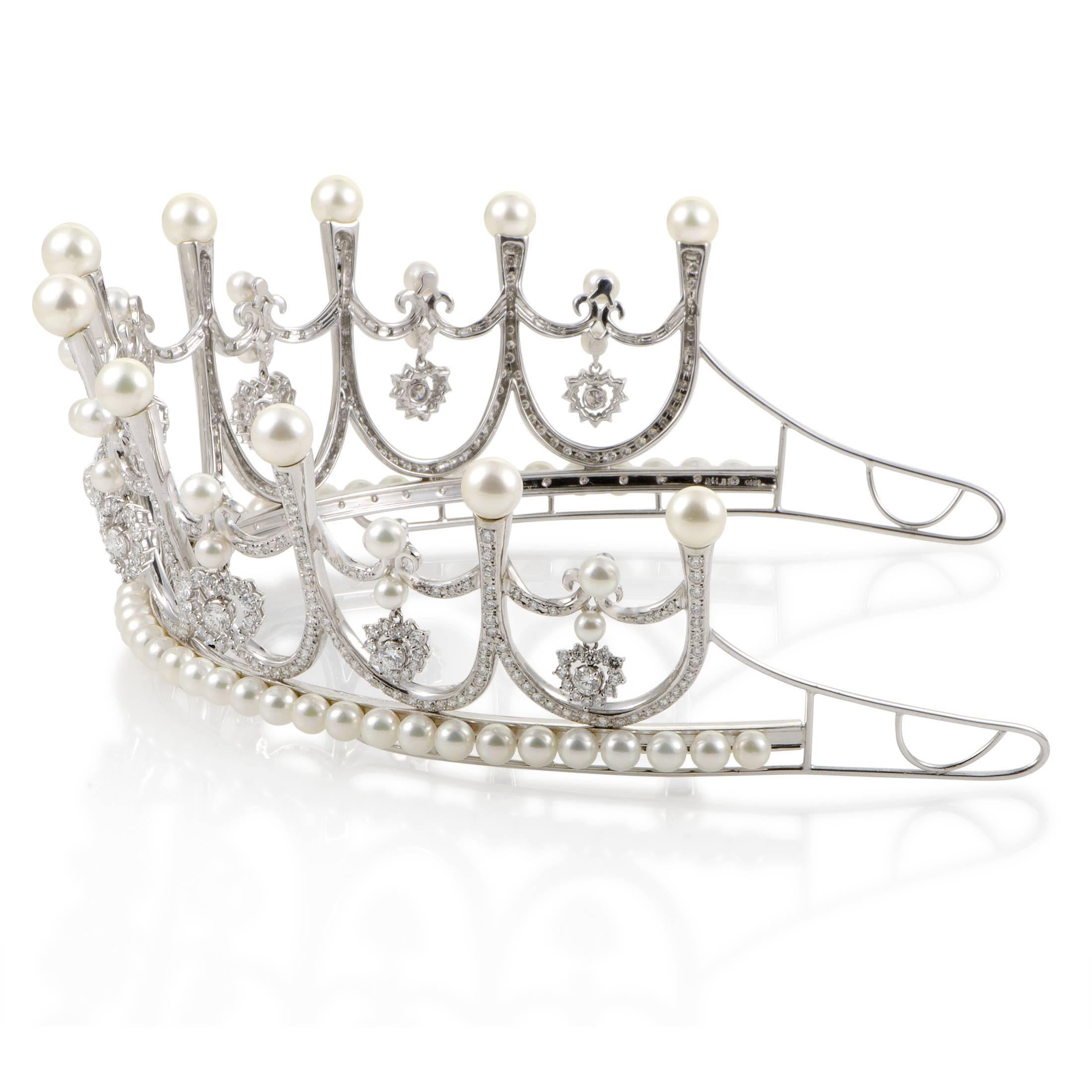 Diamond and Pearl White Gold Tiara In Excellent Condition In Southampton, PA