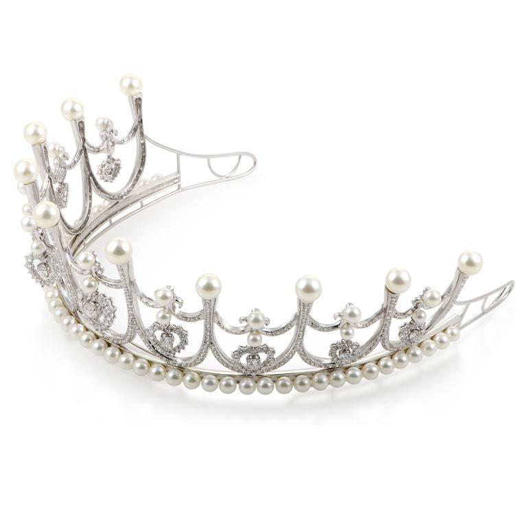 Diamond and Pearl White Gold Tiara at 1stDibs