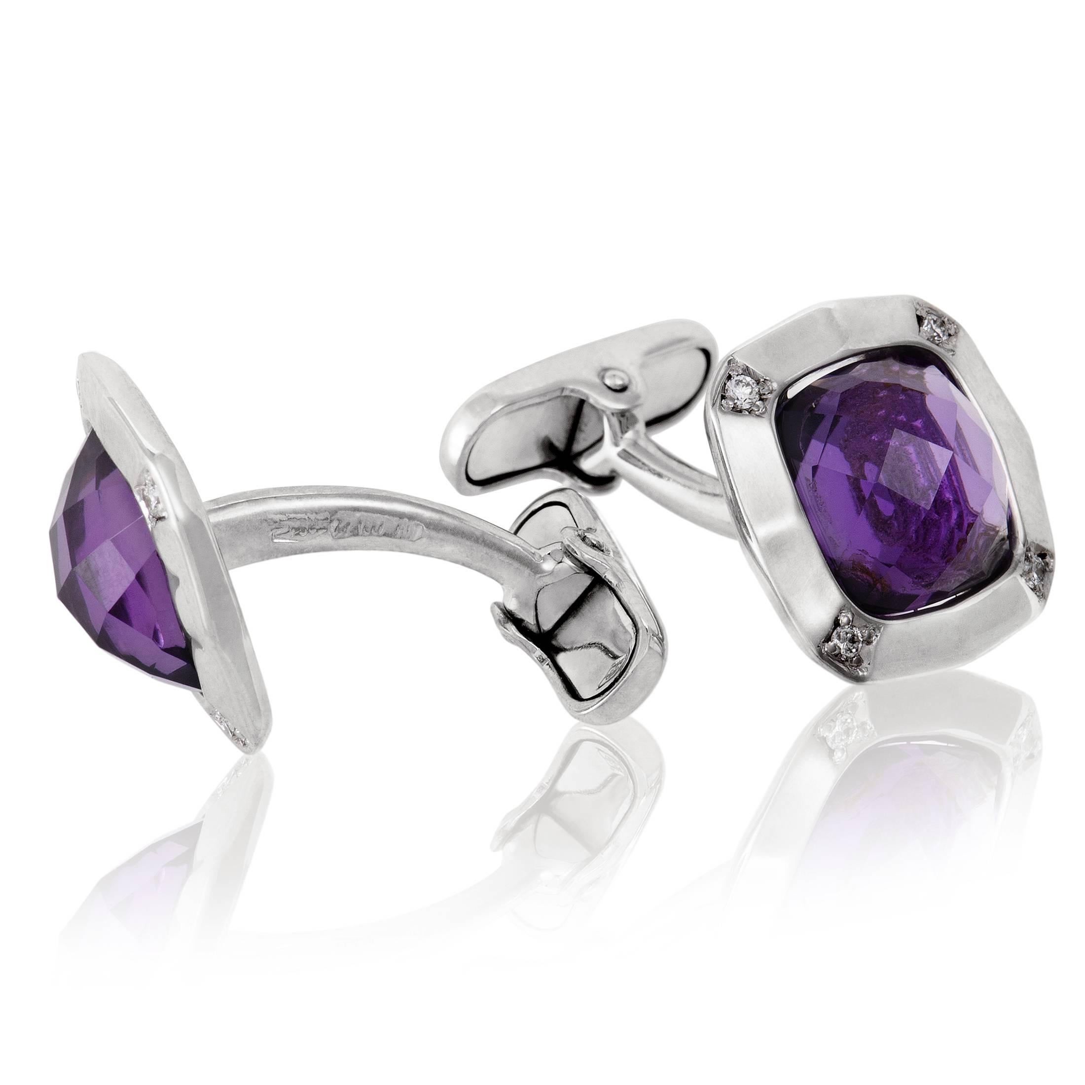The magnificent color and exquisite cut of amethysts bring an appealing visual effect into these splendid 18K white gold cufflinks from Brioni which also boast 0.15ct of glistening diamonds for a final luxurious touch.