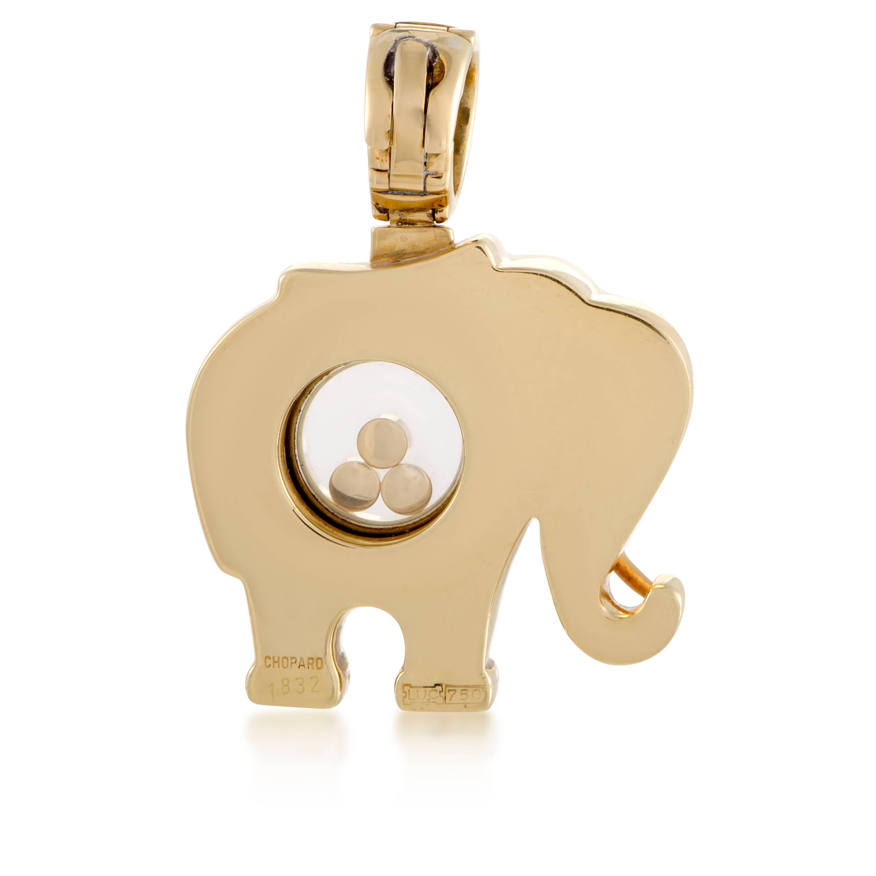 Once again showing their admiration for adorable motifs and engaging wandering diamonds, Chopard present this nifty elephant-shaped pendant made of 18K yellow gold and embellished with sparkling diamonds totaling 0.75ct.
Included Items: