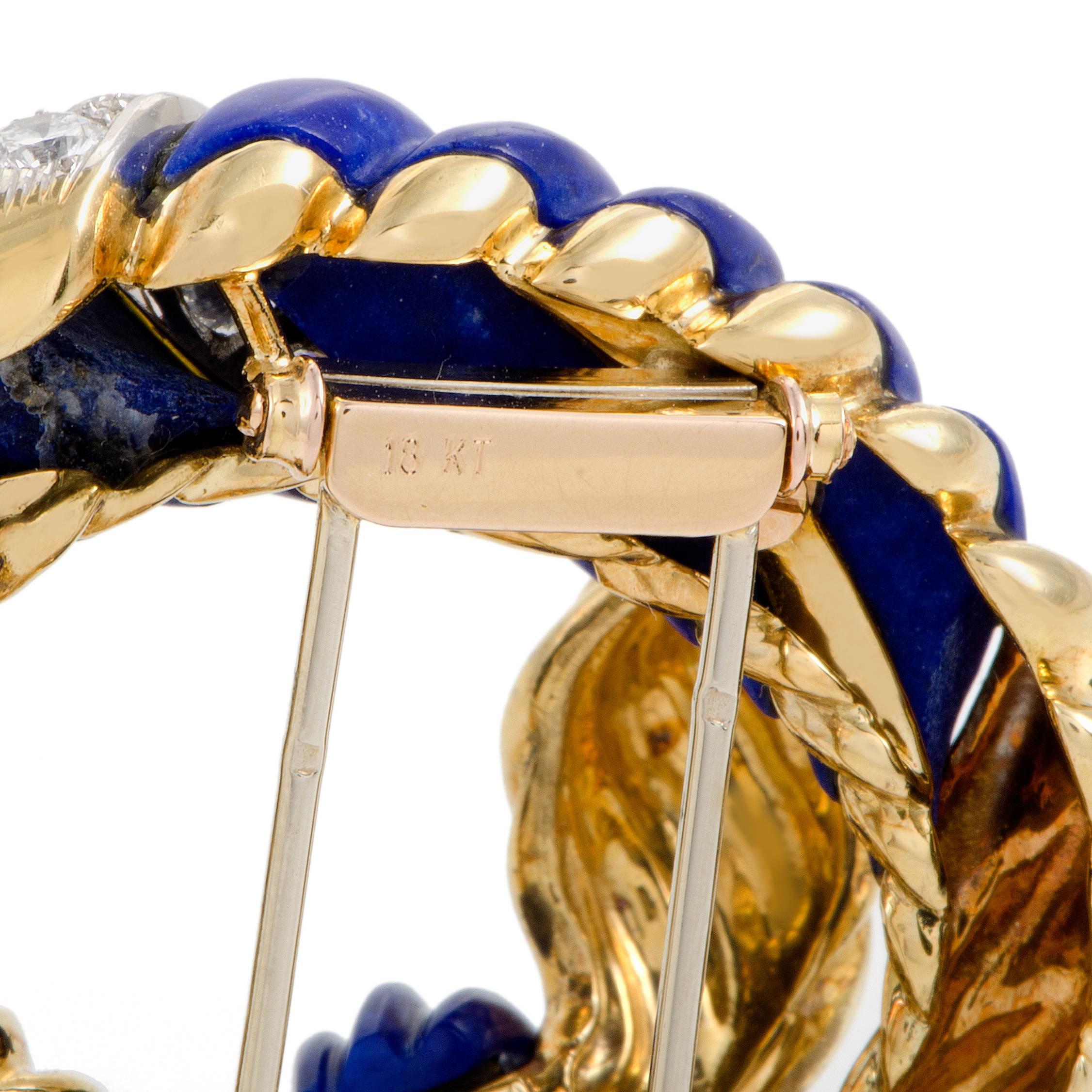 Ilias Lalaounis Diamond and Lapis 18 Karat Yellow and White Gold Brooch In Excellent Condition In Southampton, PA