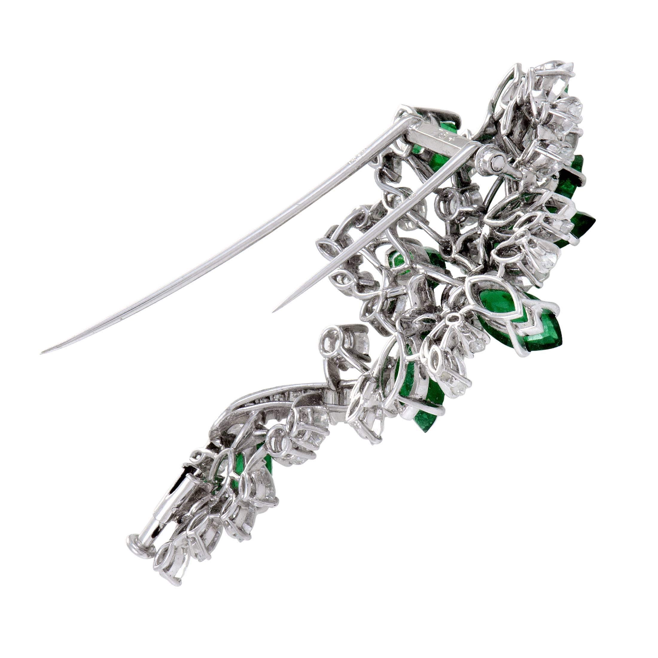 Emerald Diamond White Gold Floral Brooch In Excellent Condition In Southampton, PA