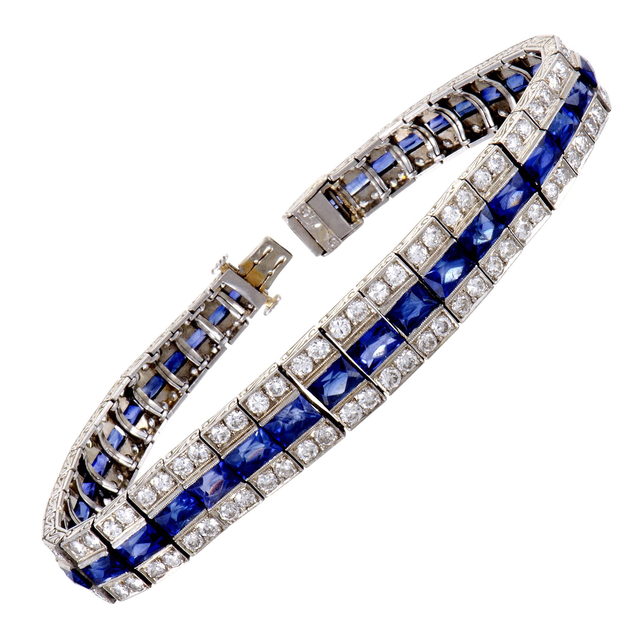 Sapphire Diamond Platinum Ribbon Bracelet In Excellent Condition In Southampton, PA