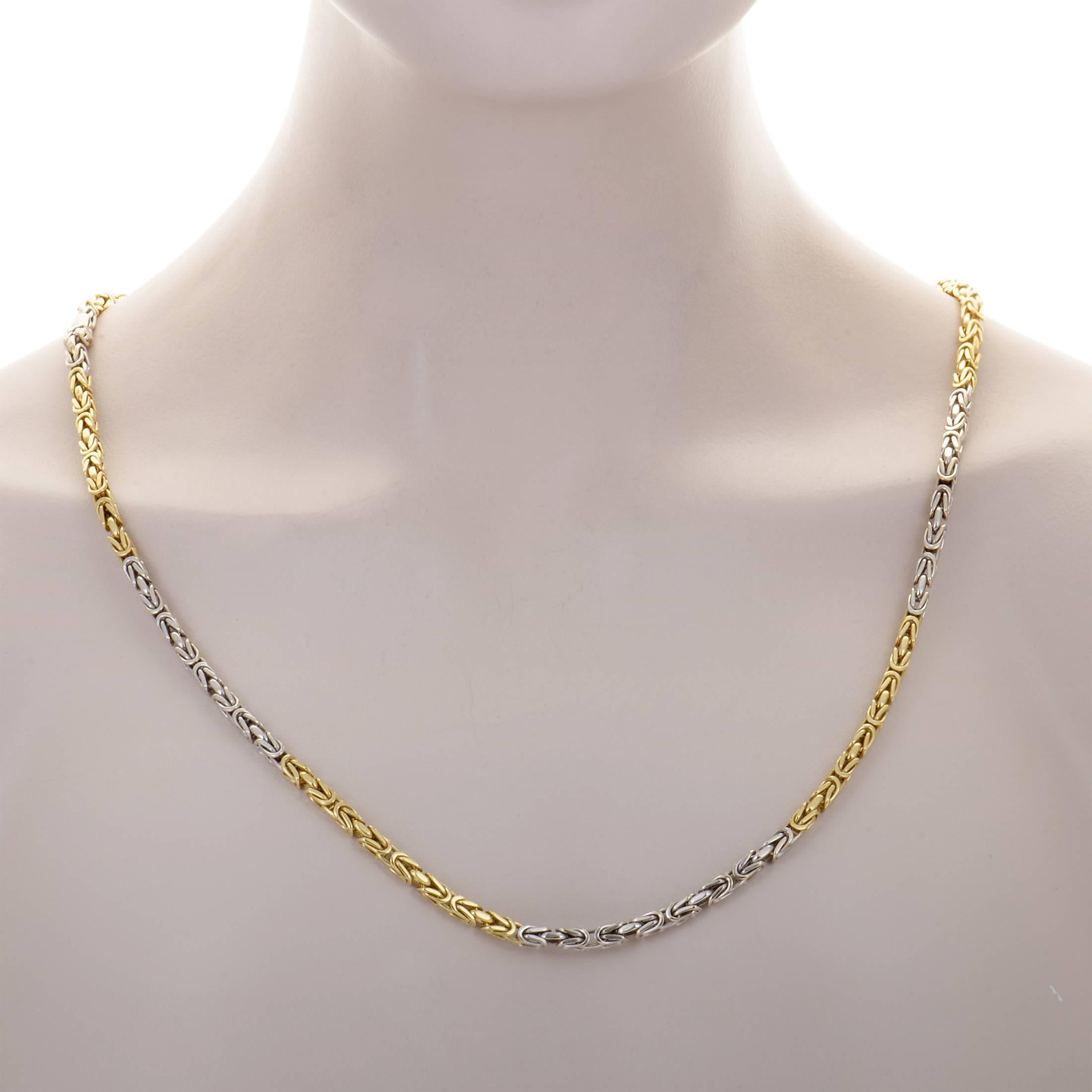 An intricate chain that produces a mesmerizing allure with its intriguing pattern is made of a luxurious combination of 18K yellow and white gold in this exceptional necklace from Bvlgari which offers an elegant and stylish appearance.