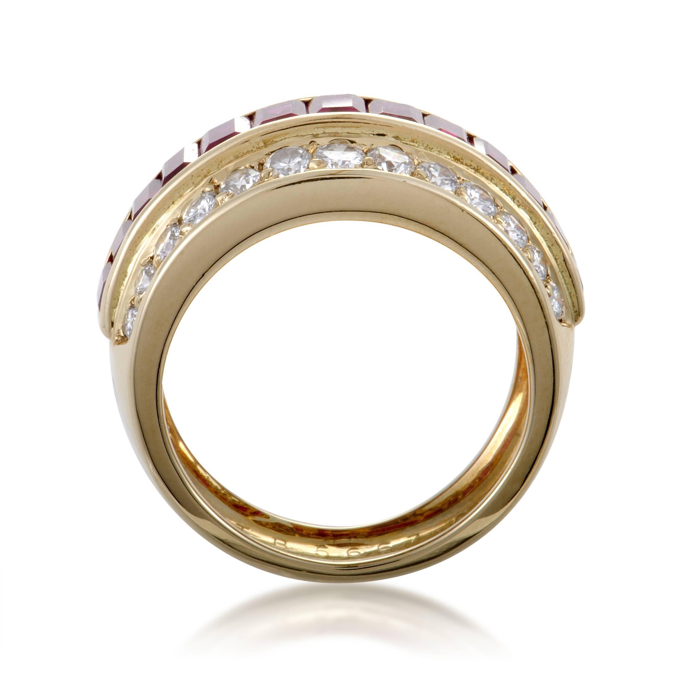 Brilliantly complemented by lustrous diamonds lined on each side, the neat arrangement of exquisitely cut rubies lends fabulous color and romantic spirit to this remarkable ring from Van Cleef & Arpels made of precious 18K yellow gold that boasts a