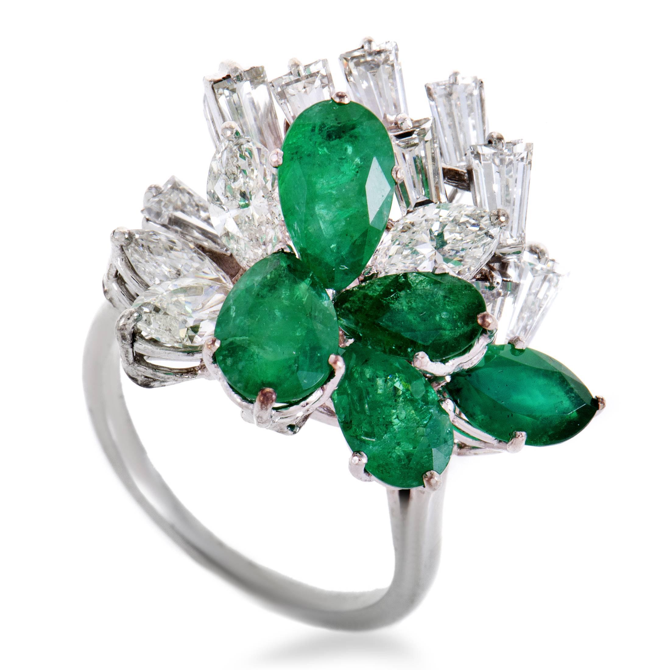A majestic idea is executed expertly in this amazing ring made of luxurious 18K white gold which is set with lustrous diamonds amounting approximately to 2.50 carats as well as magnificent emeralds weighing in total 3.50 carats.
Ring Top Dimensions: