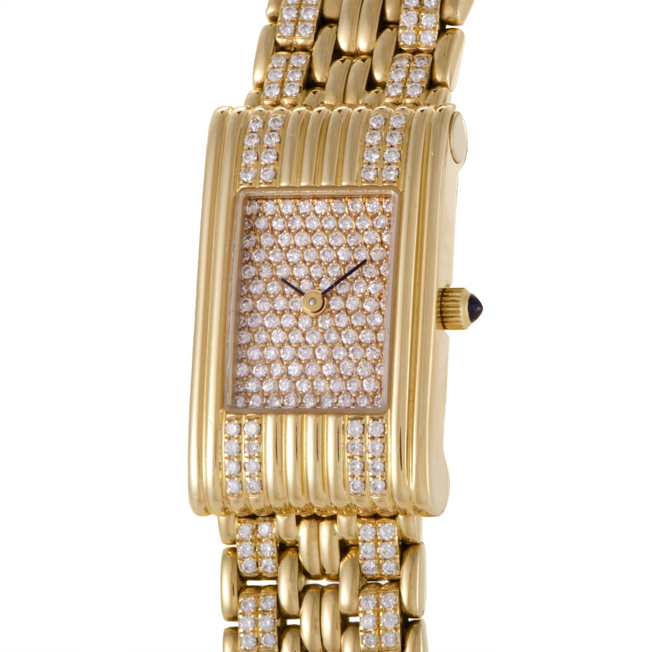 Focusing on the very essentials of timekeeping and offering a truly extraordinary sight with its gold radiance and diamond resplendence, this mesmerizing timepiece from Boucheron is an item of immense quality and irresistible prestigious allure.