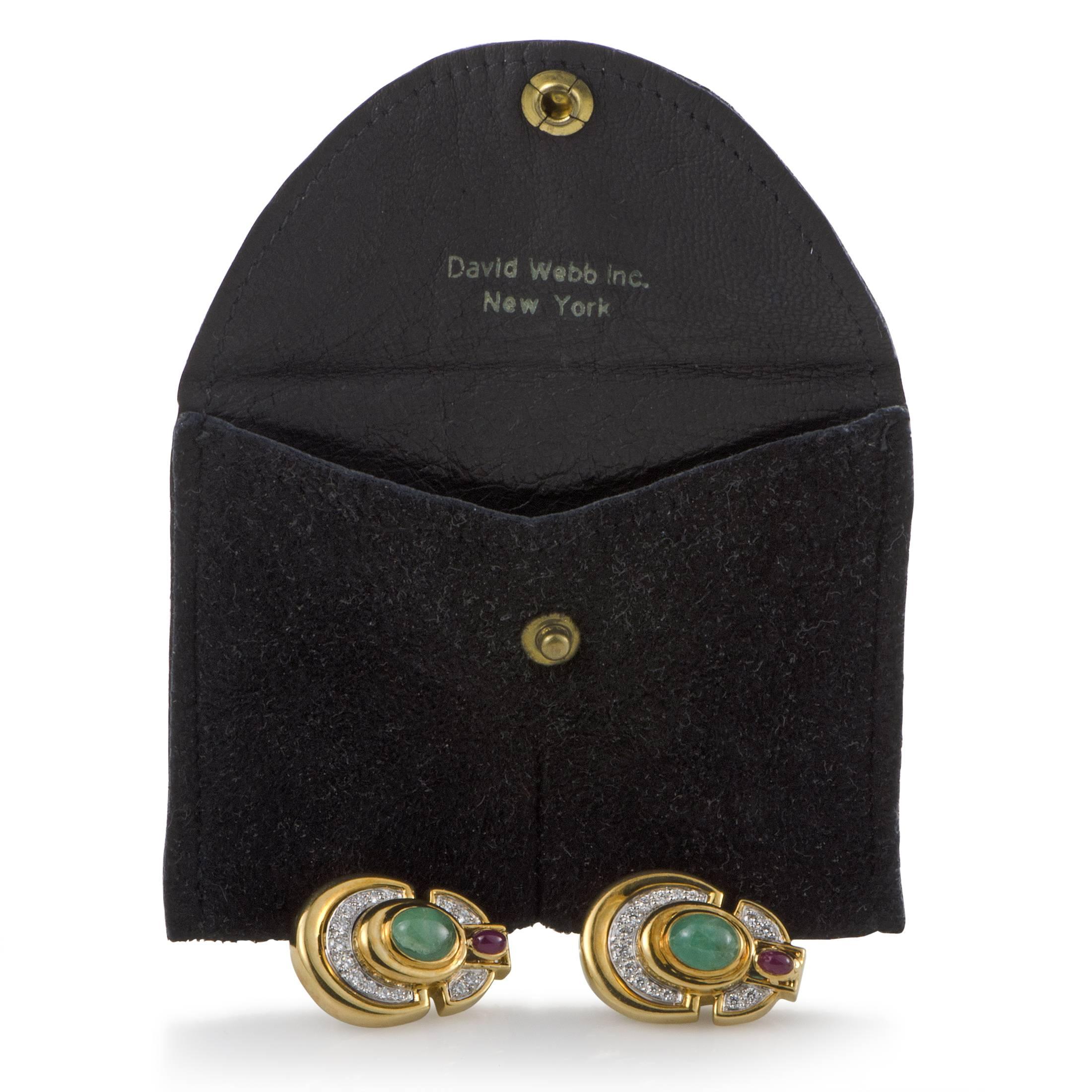 David Webb Diamond Emerald Ruby Yellow and White Gold Clip-On Earrings In Excellent Condition In Southampton, PA
