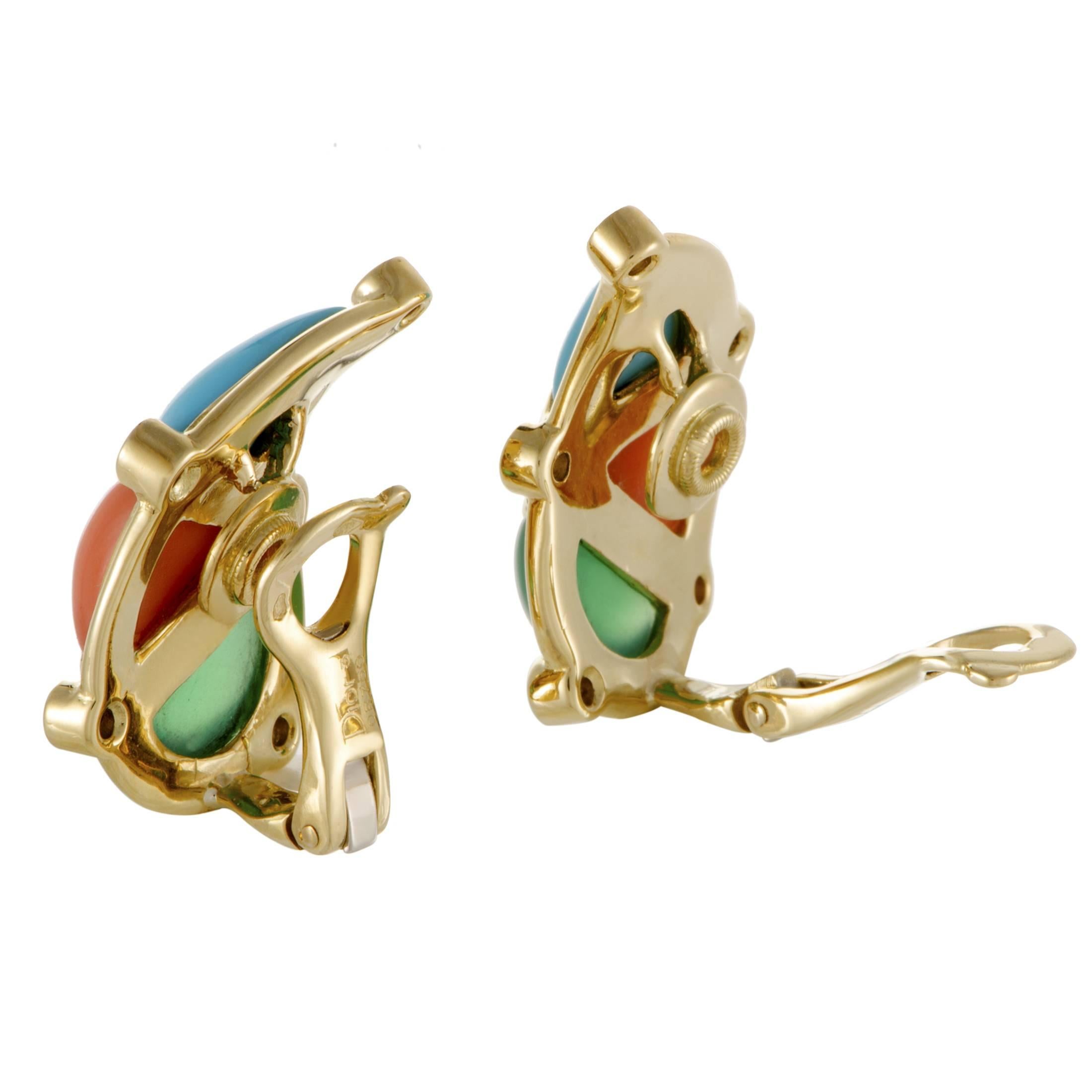 Dior Diamond Turquoise Coral and Jade Yellow Gold Clip-On Earrings In Excellent Condition In Southampton, PA