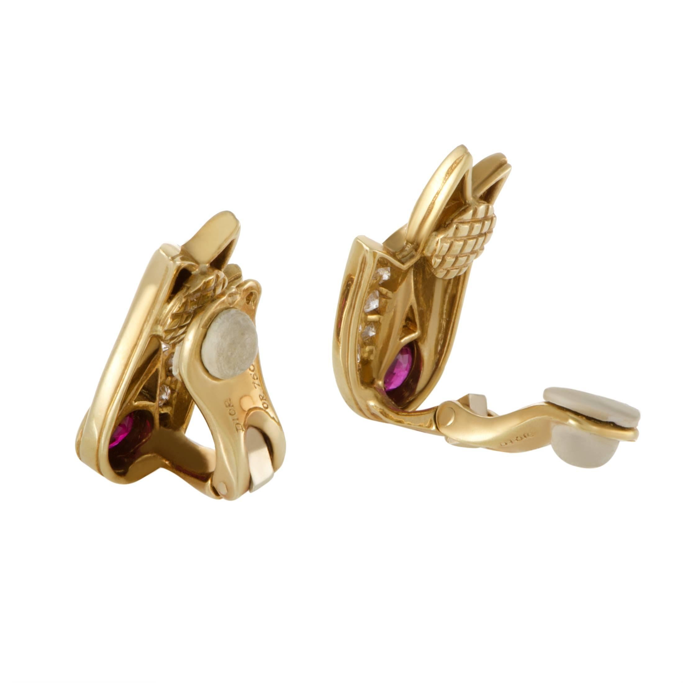 Dior  Ruby Diamond Yellow Gold Clip-On Earrings In Excellent Condition In Southampton, PA