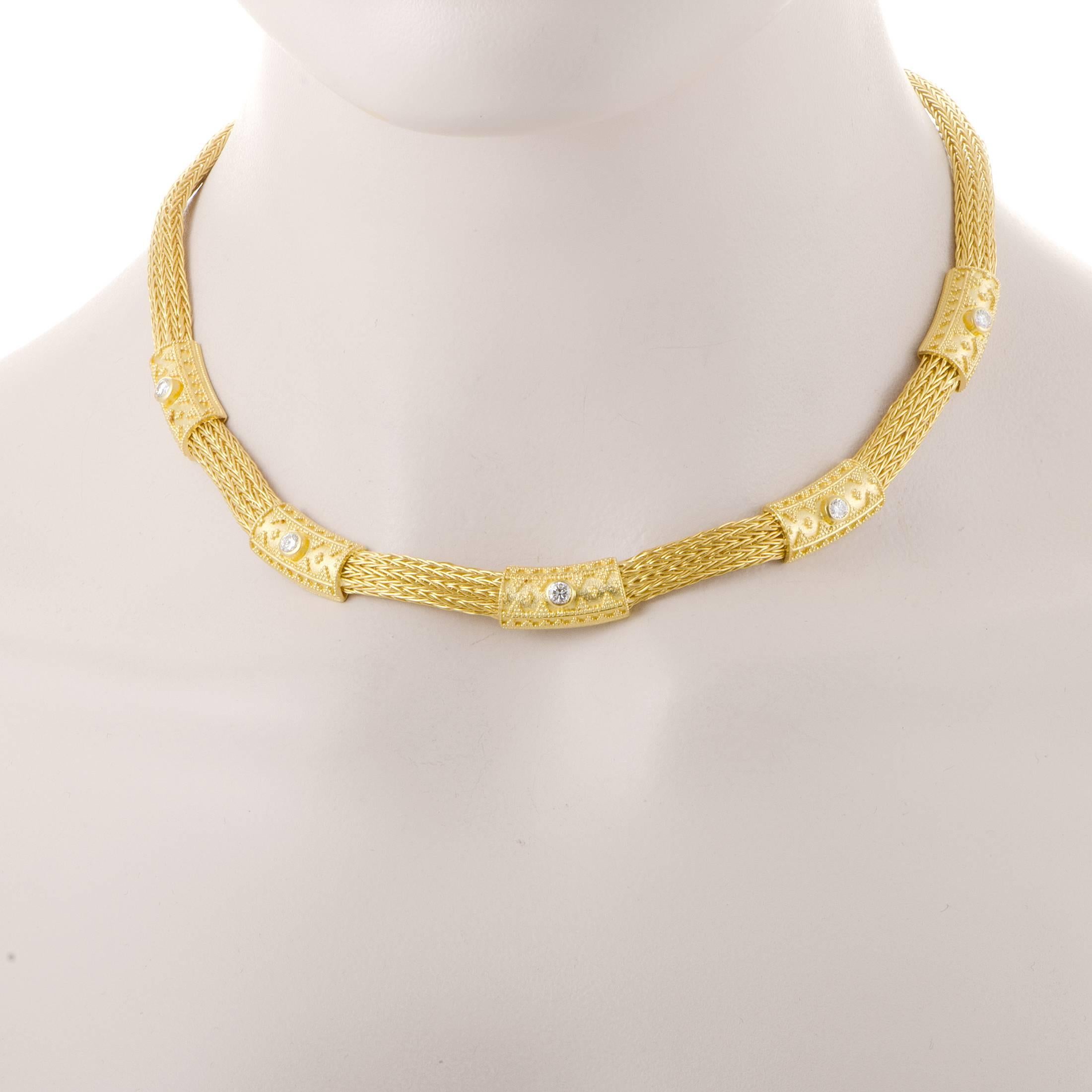The intricate pattern of fabulous 18K yellow gold combines with the lavish brilliance of diamonds totaling 1.25 carats to produce a mesmerizing visual effect in this exuberant necklace from Ilias Lalaounis.