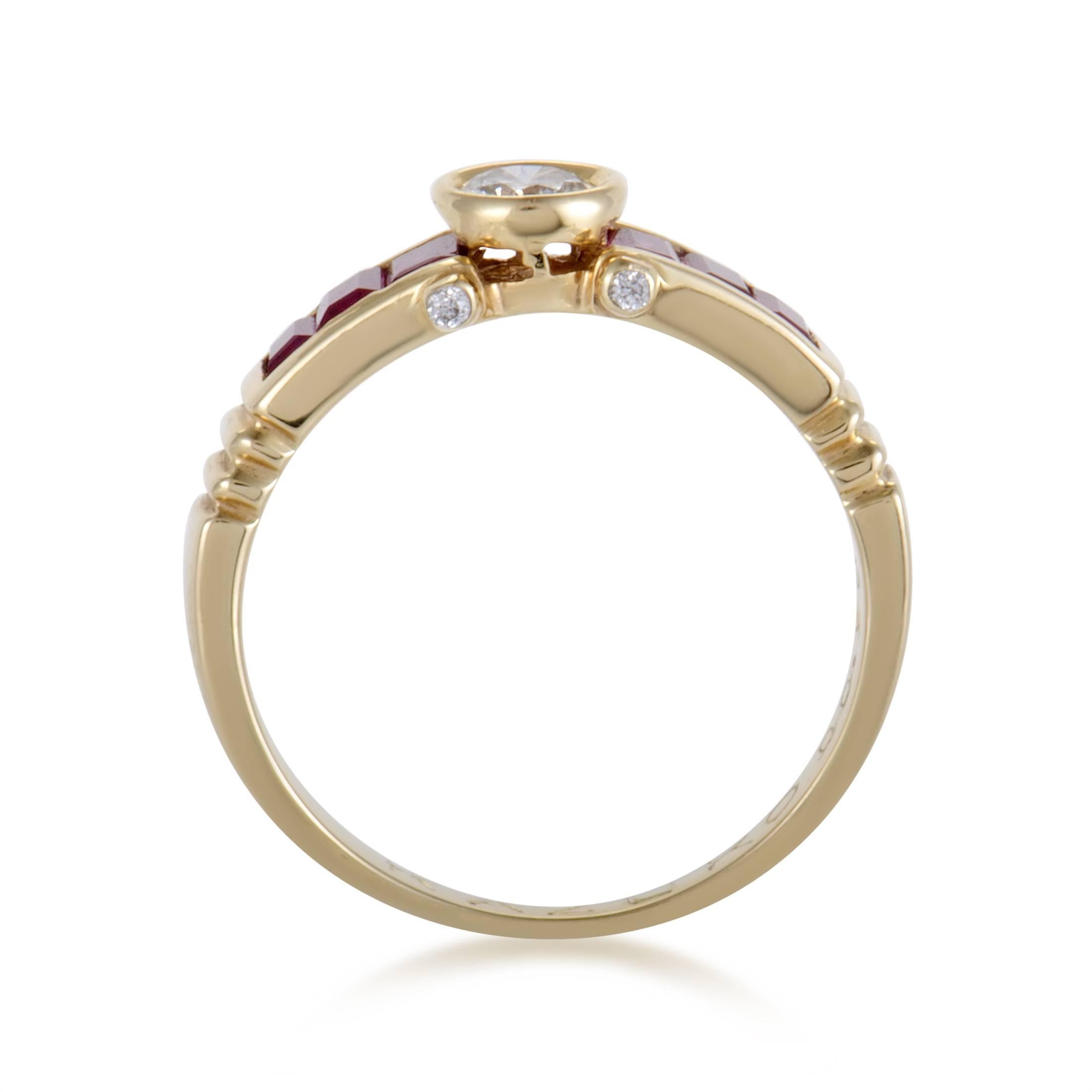 Placed against the fabulously feminine blend of precious 18K yellow gold and exquisitely cut rubies, the resplendent diamond takes the total diamond weight to 0.25ct of prestigious luster and compels with its marvelous shape in this magnificent ring