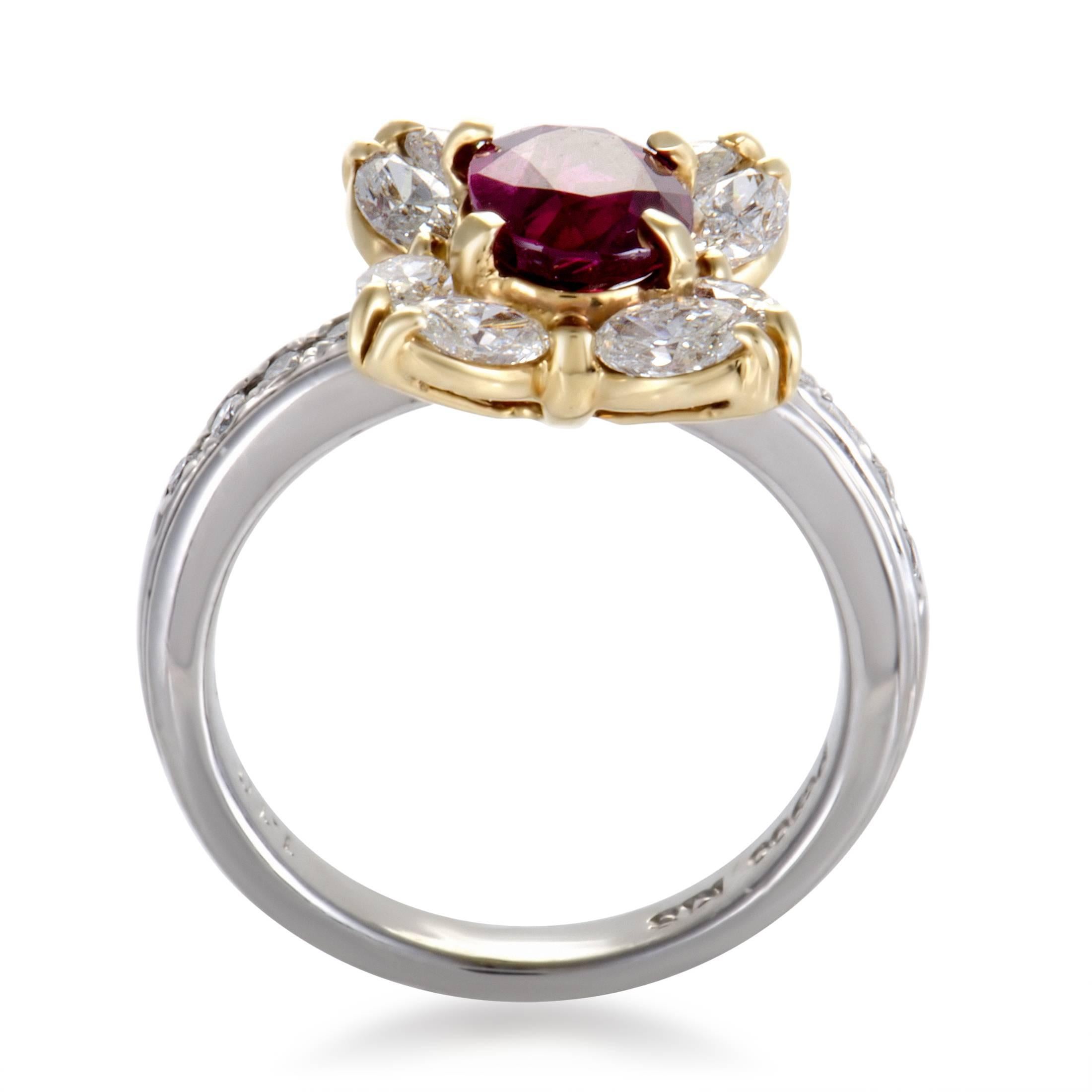 The amazing blend of precious platinum and lustrous diamonds amounting to 0.70ct produces a wonderfully bright and luxurious allure in this stylish ring while radiant 18K yellow gold and a gorgeous ruby weighing 1.10 carats add exciting color to the