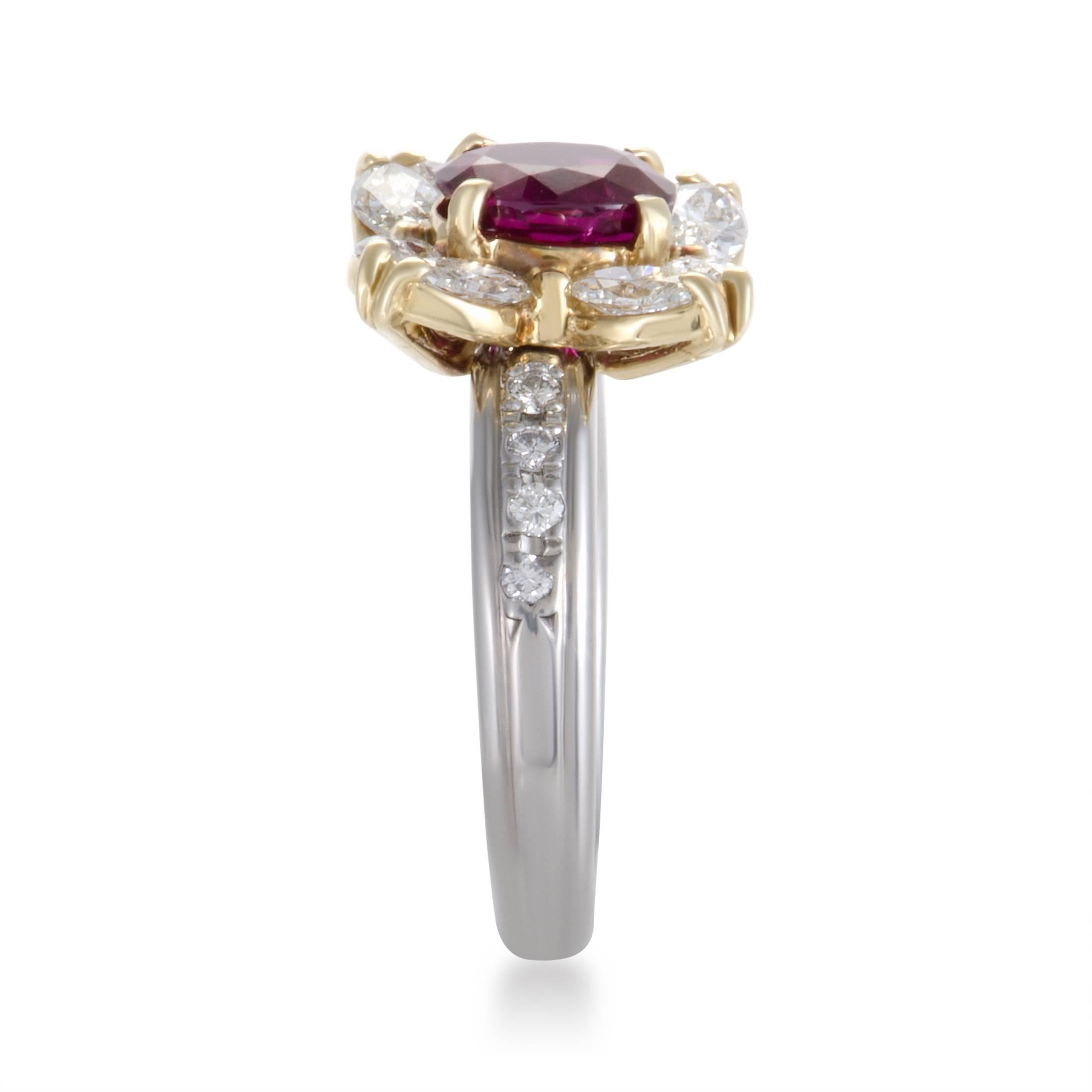 Diamond Ruby Yellow Gold Platinum Ring In Excellent Condition In Southampton, PA