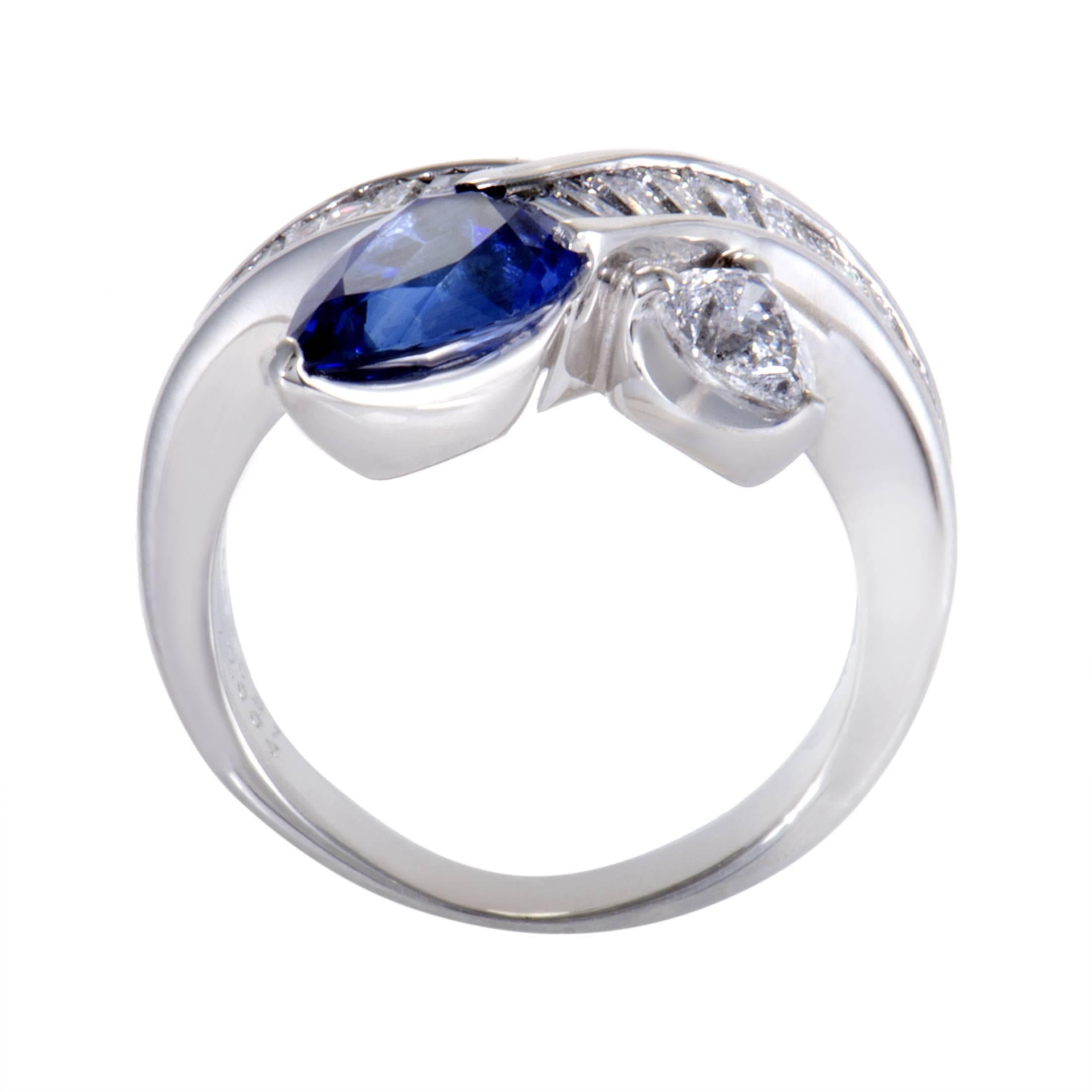 Reminiscent of a slithering serpent and embellished with lustrous diamonds amounting to 1.96 carats, this majestic platinum ring is topped off with an astonishing sapphire weighing 1.20 carats for a truly memorable sight.
Ring Size: 6.25 (52