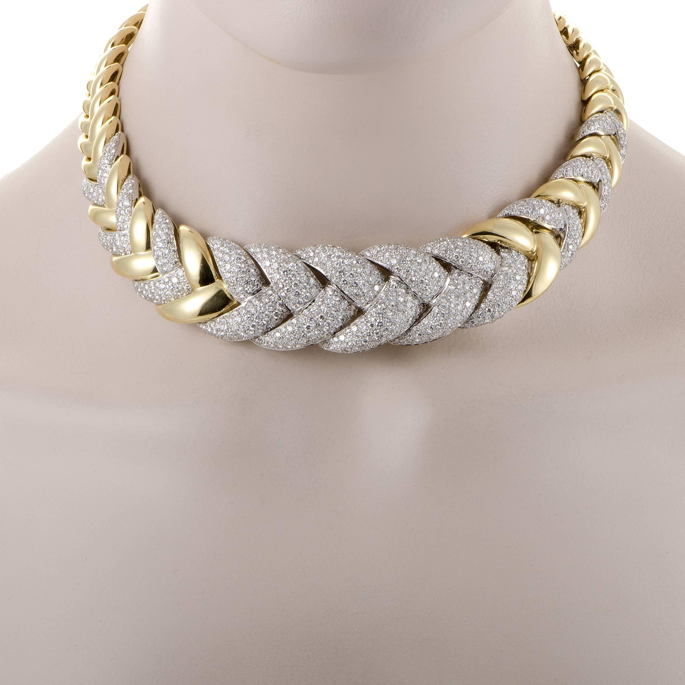 The marvelous braided pattern in prestigious 18K yellow and white gold adds an intriguing aesthetic touch to an irresistibly radiant and lavish sight in this glamorous necklace adorned with resplendent diamonds weighing in total 28.45 carats for a